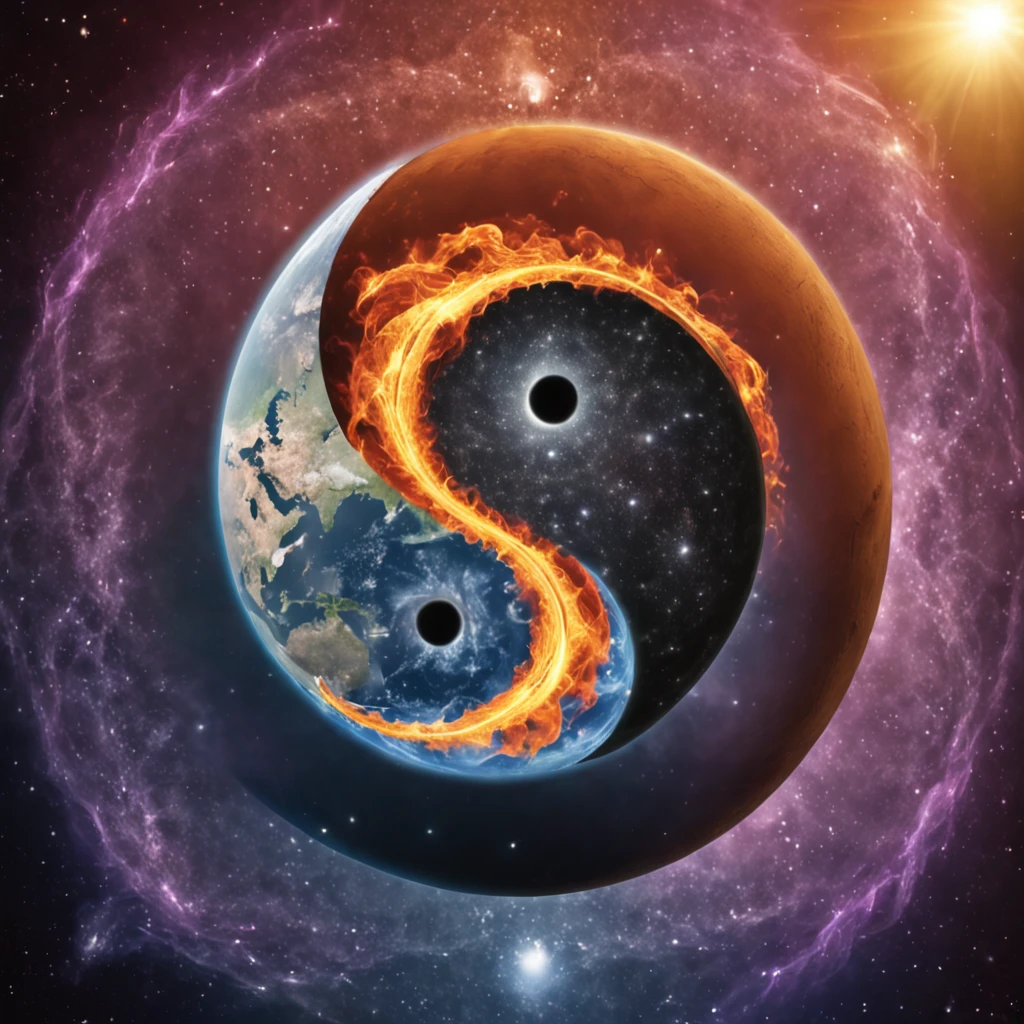 "In a colorful multiverse where reality bends to the whims of quantum mechanics, imagine a yin and yang totem filled with earth and water, fire and wind across parallel dimensions, where gravity changes, time loops, and the possibilities are endless."