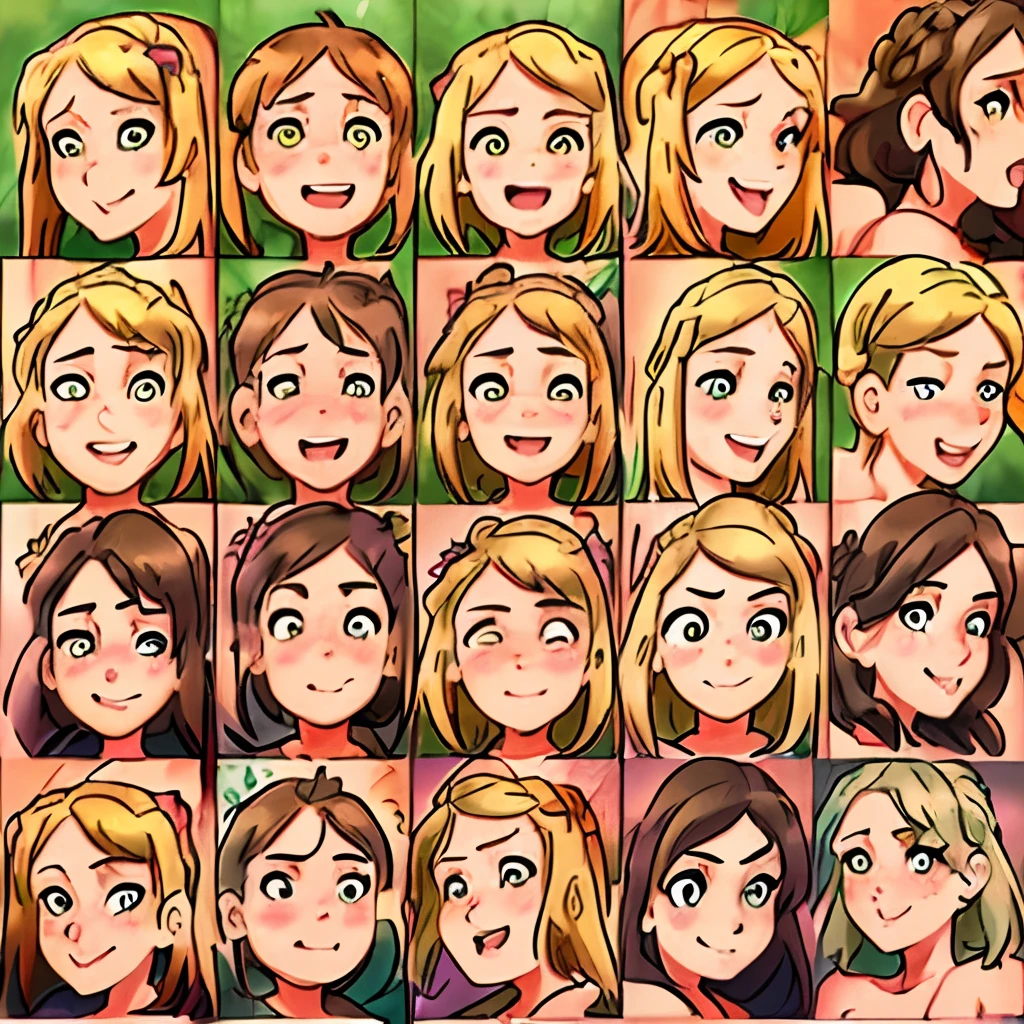 ((Mia Malkova)), 1 beautiful woman，6grids，6 emoji packs, 
 6 poses and expressions，blonde girl, (((happy flirty expression))),nude, (short lenght hair , wavy hairstyle)，Different emotions，8K