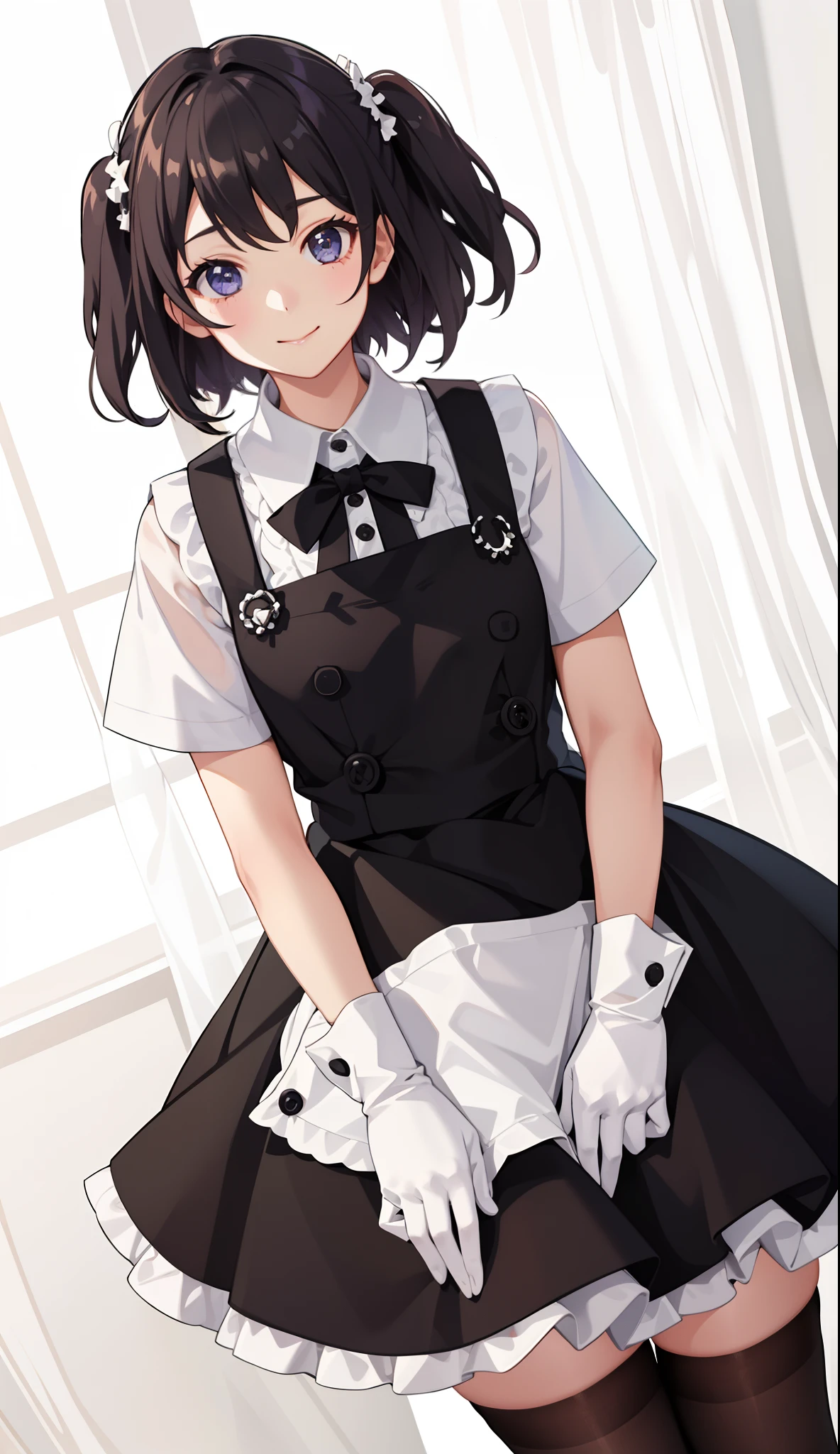 1girl in、A smile、A delightful! The shirt、skirt by the、(small tits)pinafore、doress、hair adornments、(Maids)、