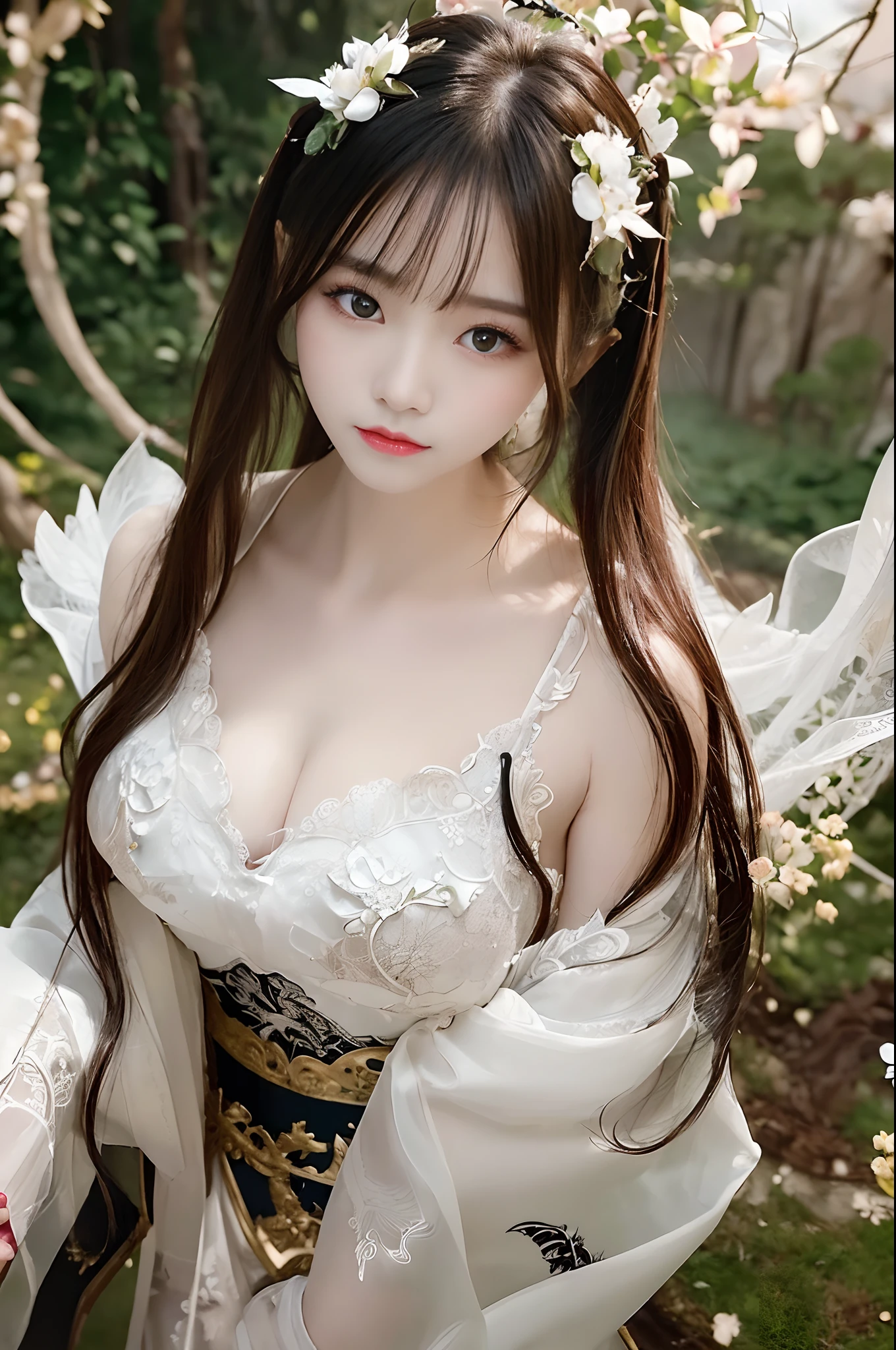 (kawaii face, amazing flat breasts), (Beautiful frills and lace costumes:1.3), (Best Quality:1.4), Realistic, extremely detailed CG unified 8k wallpaper, highly detailed, High-definition raw color photos, professional photography, Realistic portrait, Beautiful detailed, Close up portrait of girl, Outdoors, beautiful sight,  beautiful scenery, beautiful backgrounds, (Fine face:1.2),