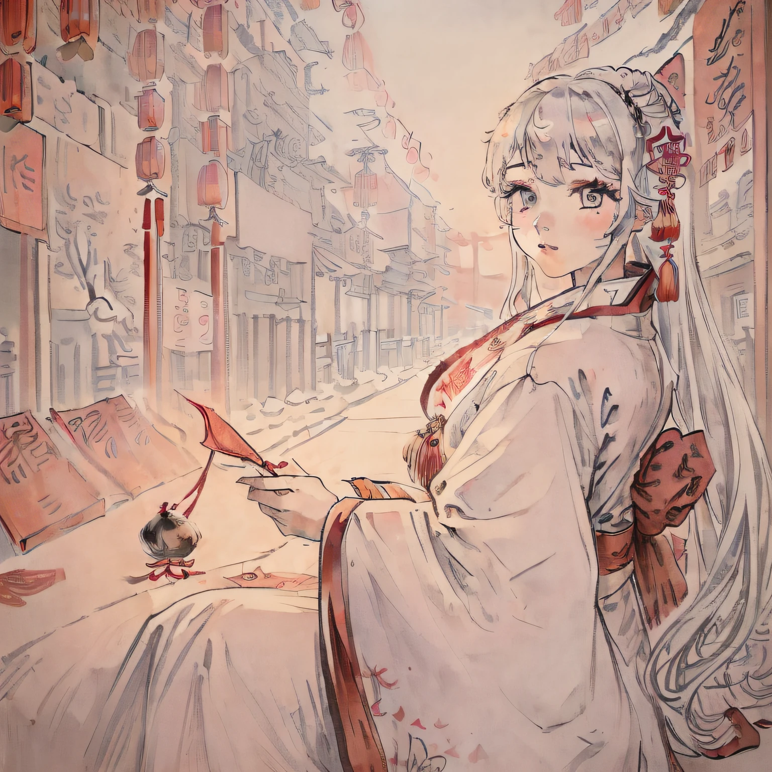 (an extremely delicate and beautiful),((masterpiece)), (((best quality))), ((ultra-detailed)), ((illustration)),((solo)),((((a girl)))),((beautiful detailed eyes)),white hair,spring festival,(((chinese new year))),((lunar new year)),firecracker,Temple Fair,((busy street)),detailed fireworks, finely detail,(firecracker),((the best building)),(best shadow),many people,snow