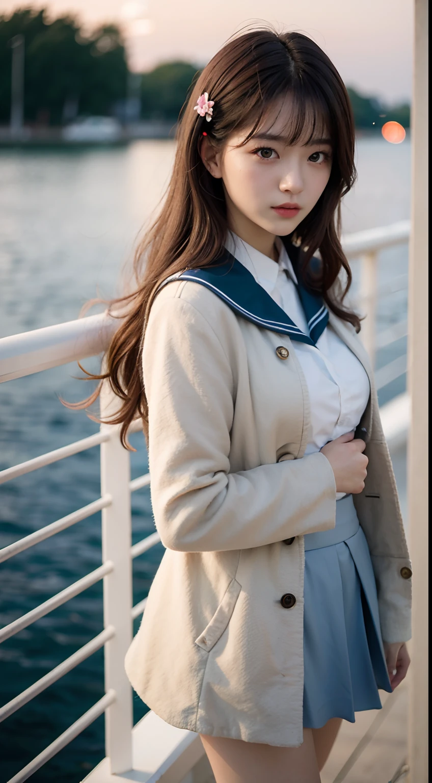 Woman with pink flowers in her hair standing on the pier, dressed with long fluent clothes, white shirt and grey skirt, ulzzangs, sakimichan, with sunset, loose coat collar sailor uniform, Summer evening, sakimichan hdri, taken with canon eos 5 d mark iv, taken with canon 5d mk4, cinematic outfit photo、kawaii、Long、Curly hair