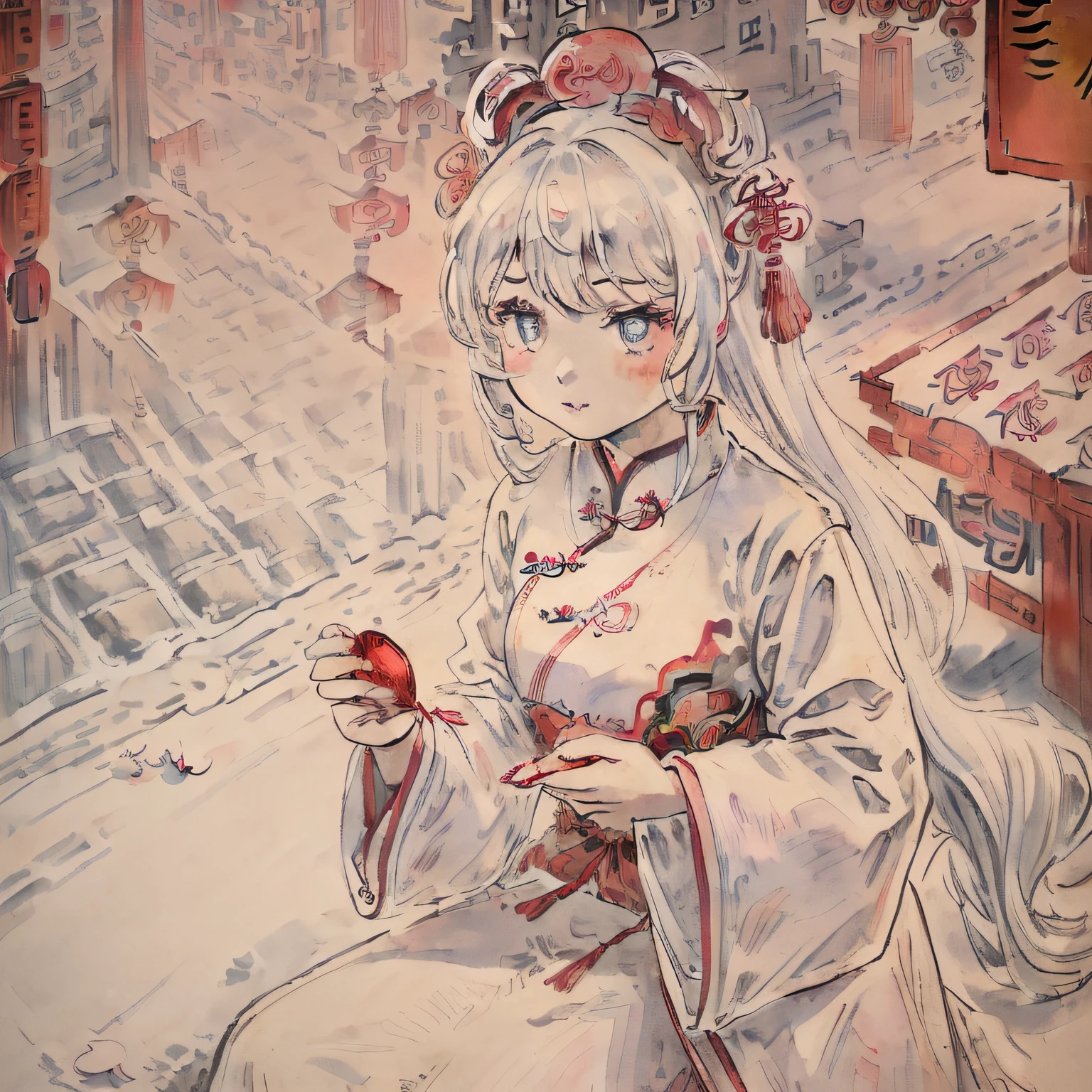(an extremely delicate and beautiful),((masterpiece)), (((best quality))), ((ultra-detailed)), ((illustration)),((solo)),((((a girl)))),((beautiful detailed eyes)),white hair,spring festival,(((chinese new year))),((lunar new year)),firecracker,Temple Fair,((busy street)),detailed fireworks, finely detail,(firecracker),((the best building)),(best shadow),many people,snow
