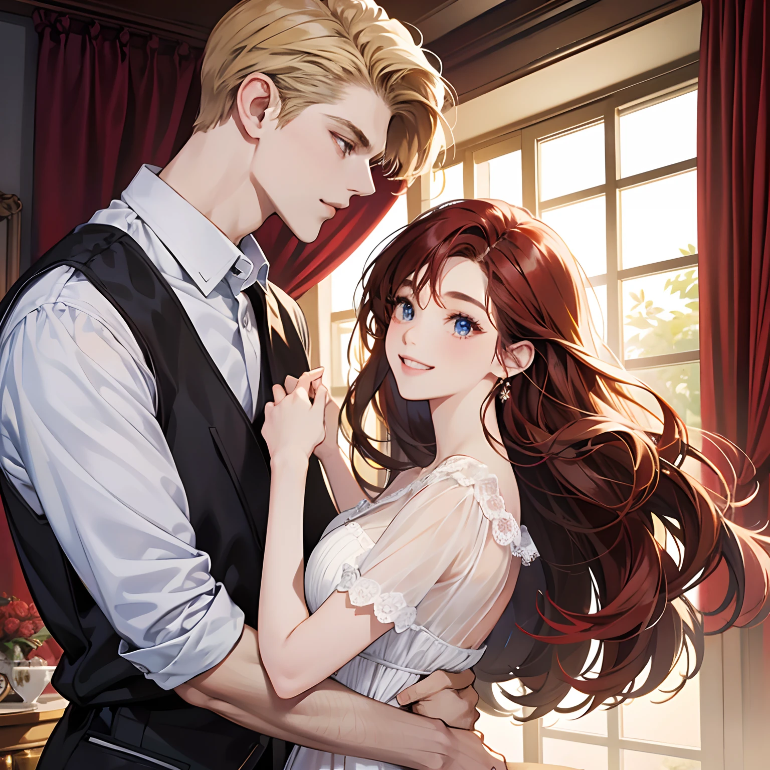 Couple, 1 girl 1 boy, different hair color, long red dark hair and brown eyes, short blonde hair and blue eyes, romance, black shirt, white dress, luxury room background, face to face, romantic, smile, happy