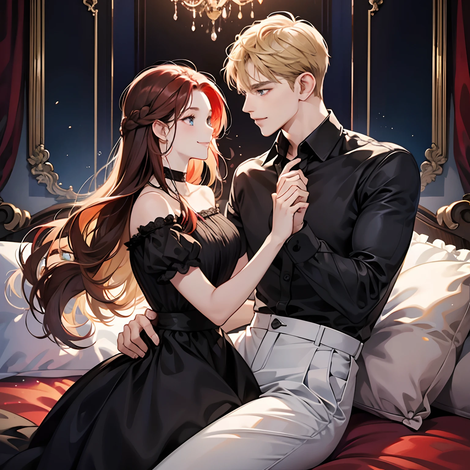 Couple, 1 girl 1 boy, different hair color, long red dark hair and brown eyes, short blonde hair and blue eyes, romance, black shirt, white dress, luxury room background, face to face, romantic, smile, happy