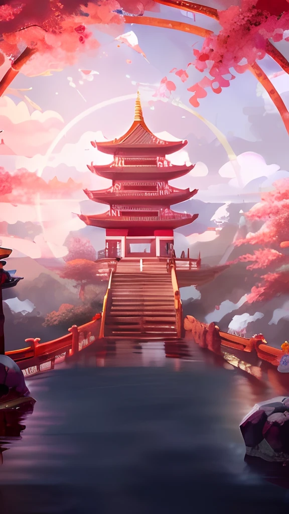 Scenery of the pagoda and the bridge in the lake in the anime, background artwork, Rosla global lighting, Onmyoji detailed art, digital painting of a pagoda, arte de fundo, colorful anime movie background, Stylized concept art, dreamy Chinese towns, G Liulian art style, Anime background art, inspired by Gong Xian, Chinese fantasy, 8K high quality detailed art