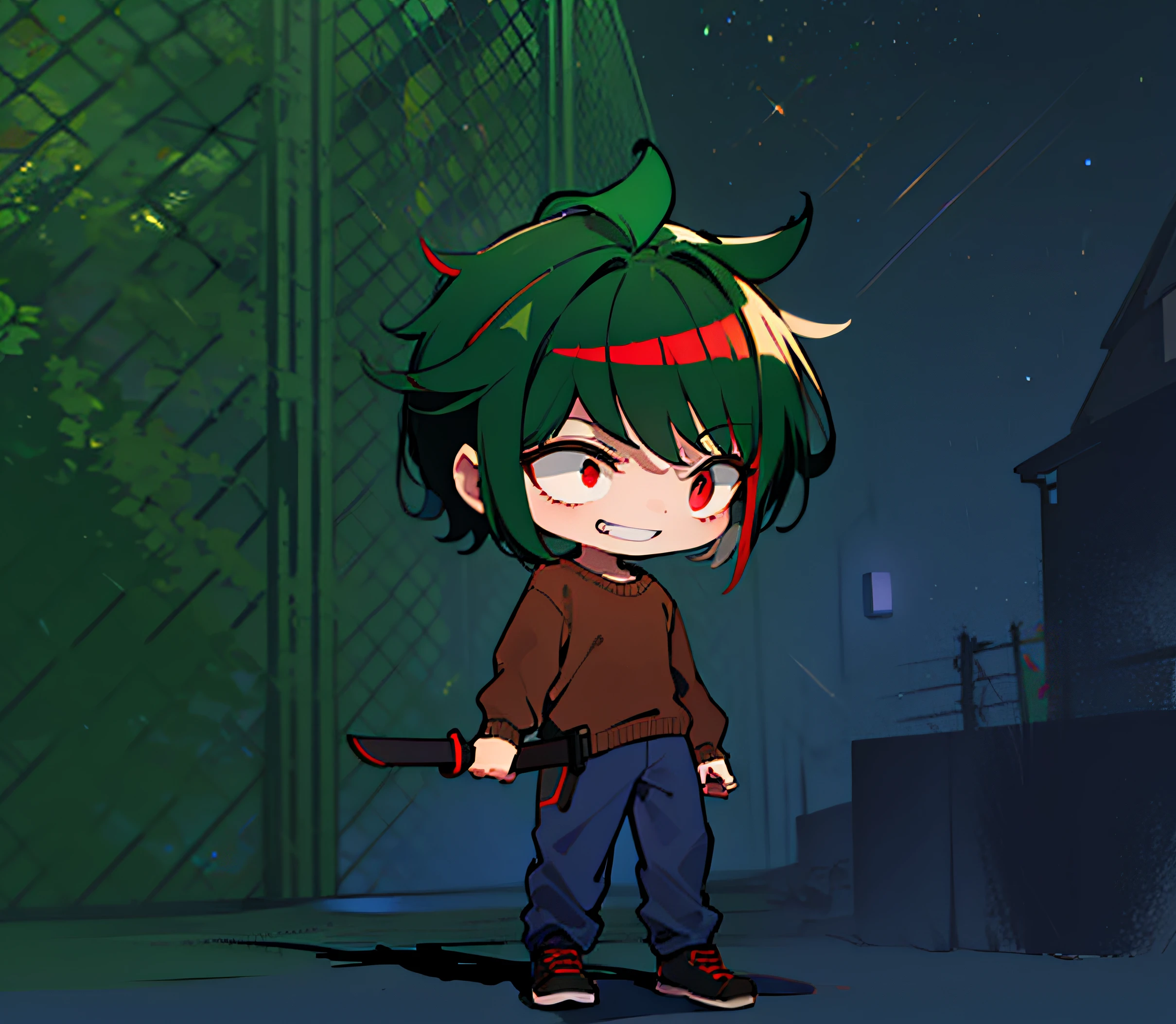 high quality, high res, 8k, masterpiece, 1boy, short dark green hair, wearing brown sweater, long pants, red streak in hair, crazy expression, crazy smile, machete in hand