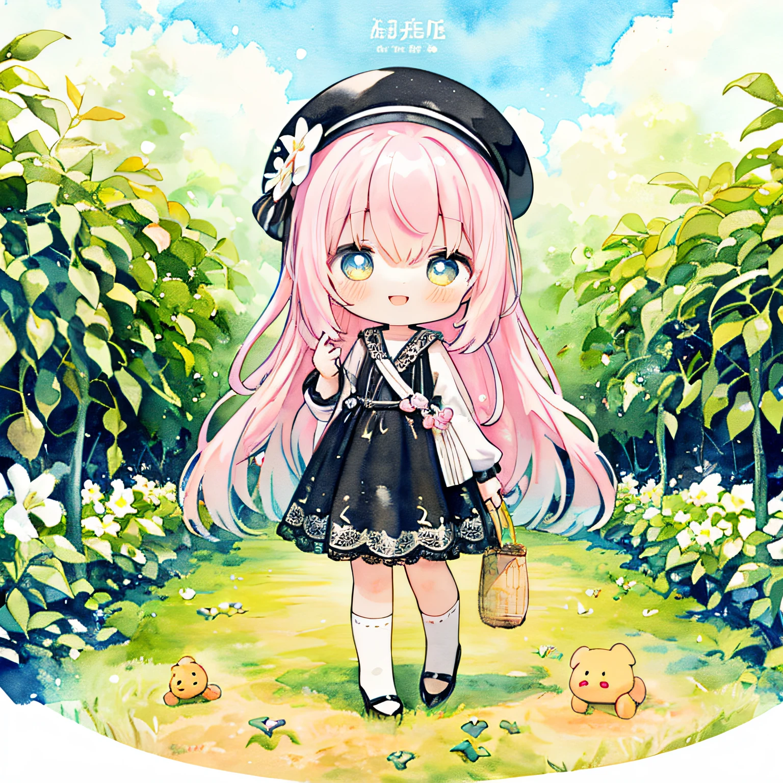 (PastelColors:1.3)、(Cute illustration:1.3)、(watercolor paiting:1.1)、,(Chibi:1.1)
Detailed background、1girl in、Open your mouth and smile、Beautifully detailed、Moya、colourfull、marble、Particles of light、patterns、
Detailed drawing、Vibrant colors、striking contrast、intricate detailes、Delicate depiction、Luminescent、full body Esbian、From the side、Beautiful facial features、Brightly colored eyes、Wearing intricate and delicate ornaments、glowing aura、Radiant hair,Illuminated by the morning light、 Very delicate and beautiful,sharp and strong shiny eyes, Magenta eye color,  Smiling, Dress, knee sox, Lace, hat woven from straw,、Farmland、 Standing, Plenty of summer vegetables, （Harvesting summer vegetables）