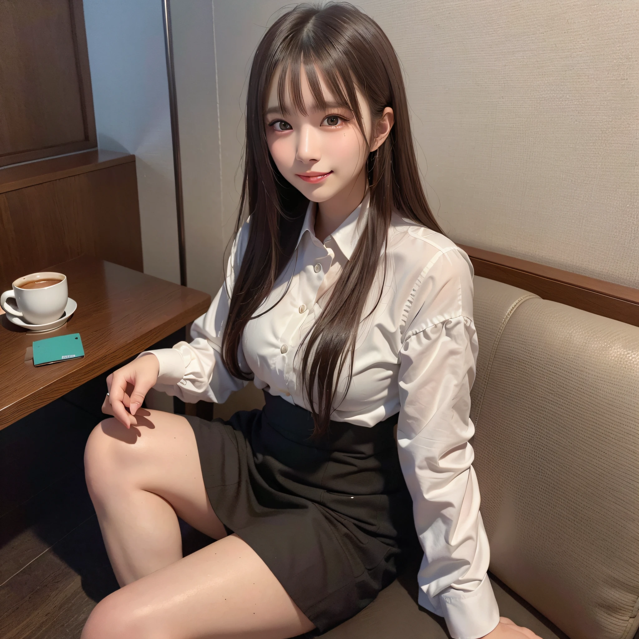 (Highest Quality, hyper-realistic, Super dense, very detailed illustration, Best image quality:1.4, very detailed illustration), (Sitting cross-legged on a black leather sofa at a coffee stand):1.3, (White shirt, black pencilSkirt), (1woman:1.3, solo), (cowboy shot:1.3), (Model-like body shape), white skin, (layered hair), (dark brown hair), (Japanese, 18-year-old woman), (smiling:0.8), There is coffee on the table.