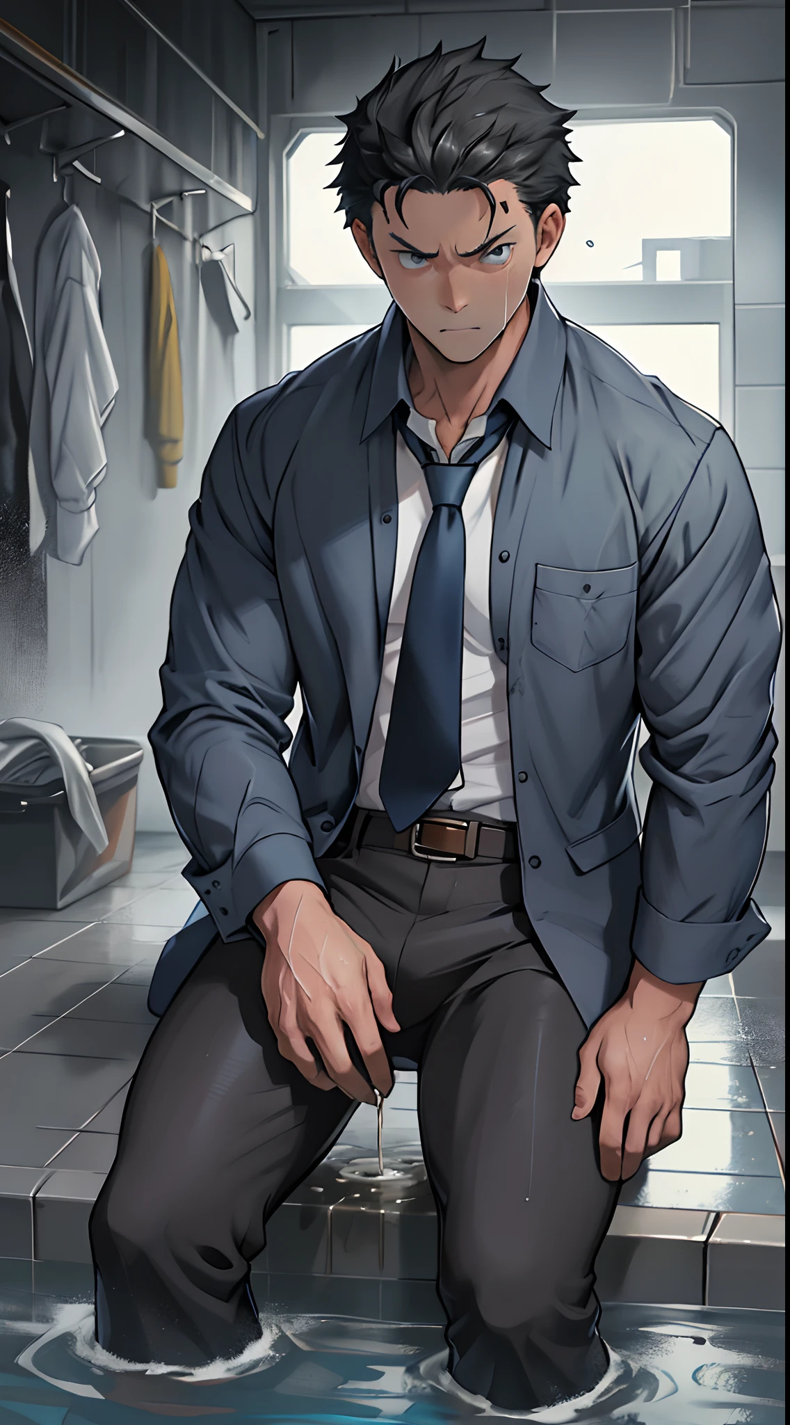 (1 Adult male),A high resolution, Sharp focus, Pixiv masterpiece, ((Complicated details)), highly detailed, natsuki_subaru, 1 man,perfect male figure,Urine on the trouser leg, Nervously bow your head,is shy,embarressed,exhilarated,is shocked,panicking,worry,A pool of urine formed around him,Very eager to pee,Unbearable,Wet yourself,Urine discharge,full bodyesbian,sit astride,Tired,decadent, blue color eyes(eyes glowing), Black hair short hair,Blue plaid shirt,Wear a tie,Wear a belt,trousers,perspire,Drenched,Get wet,pissing,urine flows down the pants,look from down
