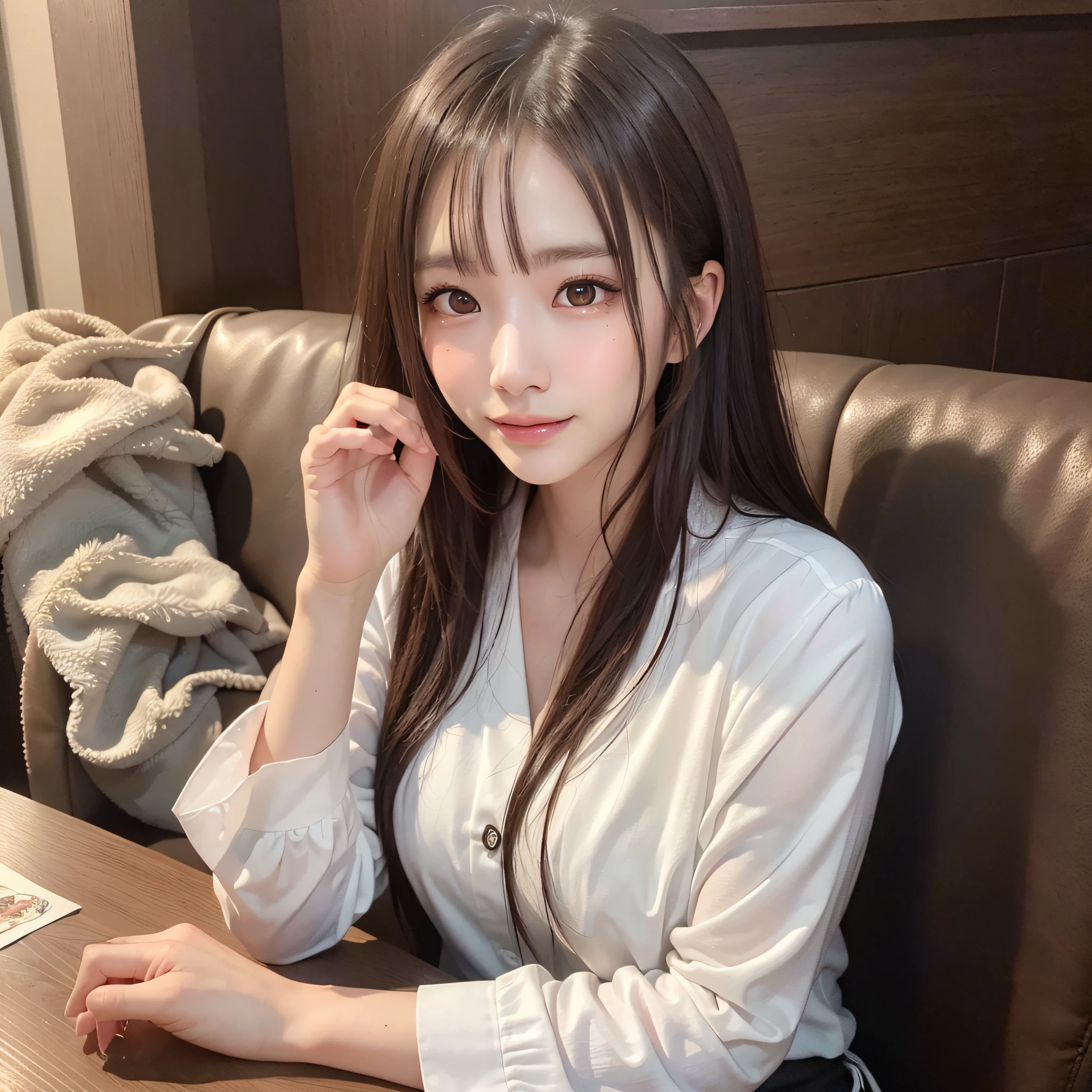 (Highest Quality, hyper-realistic, Super dense, very detailed illustration, Best image quality:1.4, very detailed illustration), (Background, cafes):1.3, (White blouses, black pencil Skirt), (1woman:1.3, solo), (cowboy shot:1.3), (Model-like body shape), white skin, (layered hair), (dark brown hair), (Japanese, 18-year-old woman), (smiling:0.8), Sitting on the couch