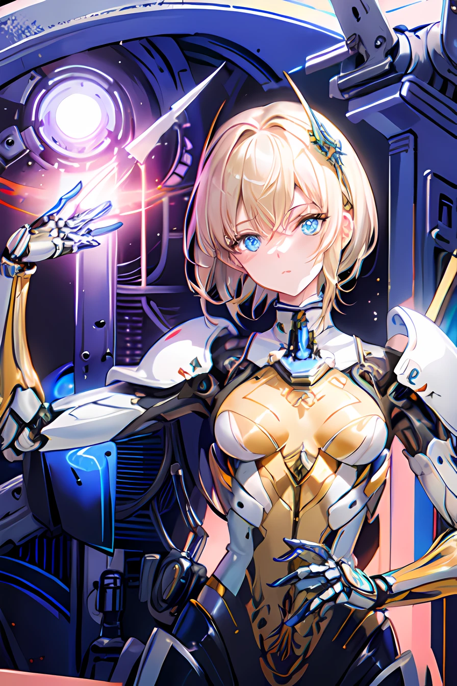 Masterpiece, solo,1girl, blue eyes, glow eyes, cold stares, mecha musume, mechanical parts, robot joints, turtleneck, detailed background, Gundam hangar, depth of field, blonde, short hair, Korean idol, aespa Winter, yellow jumpsuits, black spandex, wind blows, detailed skins, detailed clothes, detailed armor, tight suits, glowing suits, dramatic lighting, holding a gun,