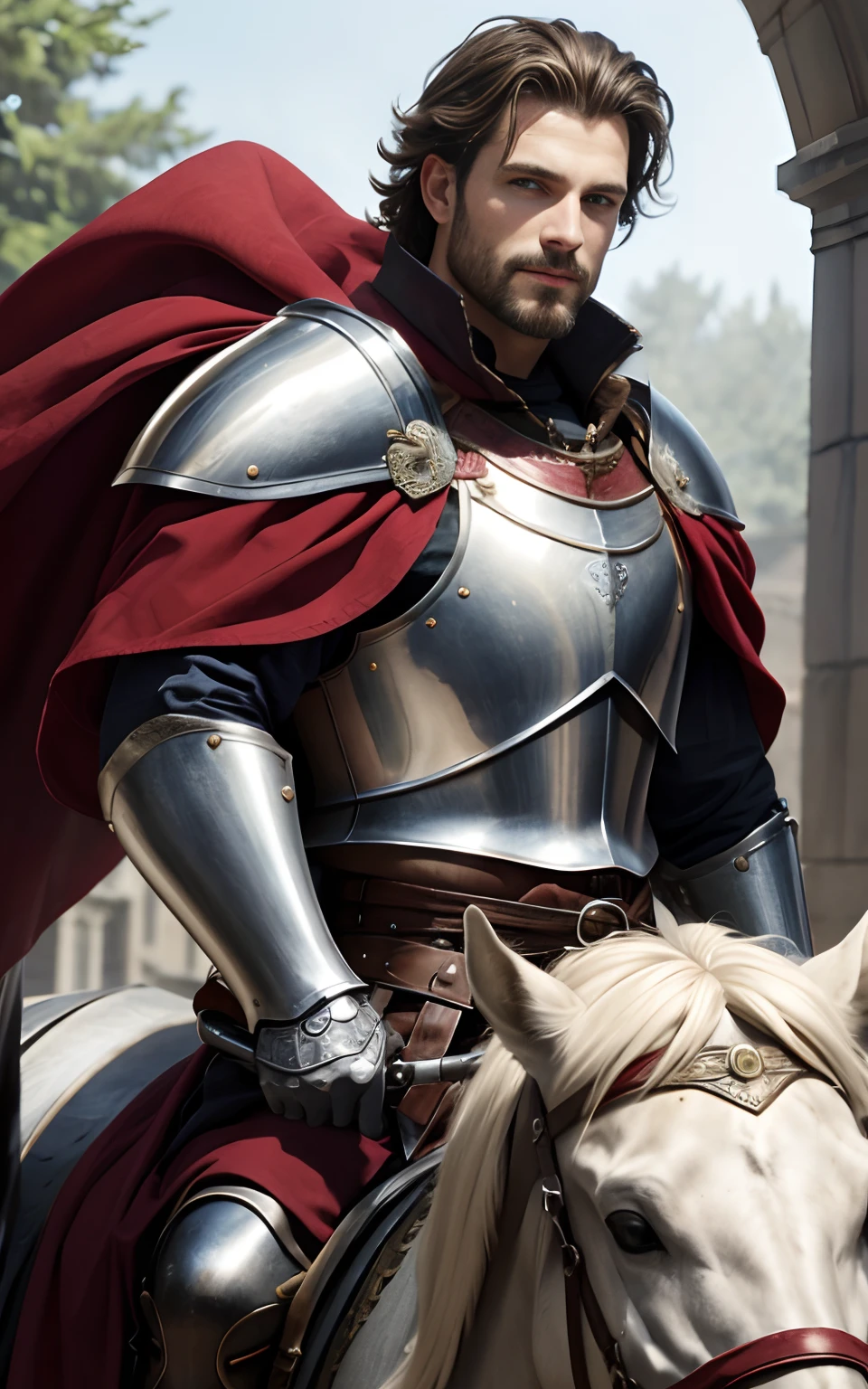 tmasterpiece，best qualtiy，The is very detailed，Original design，Unique accessories，medieval fantasy，professionally retouched，closeup cleavage，（male people：1.9），（Portrait of a noble male knight），Dignified，At noon，Sword and shield，Heavy armor，（sbeard：1.3），mounted on a horse，ssmile，red capelet，cheveux gris courts，musculous，