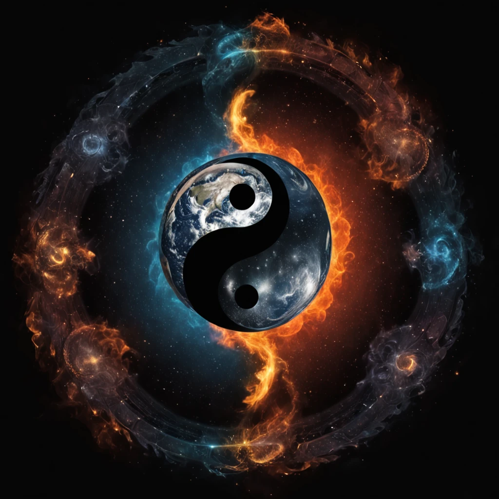 "In a colorful multiverse where reality bends to the whims of quantum mechanics, imagine a Yinyang totem filled with earth and water, fire and wind across parallel dimensions, where gravity changes, time loops, and the possibilities are endless."