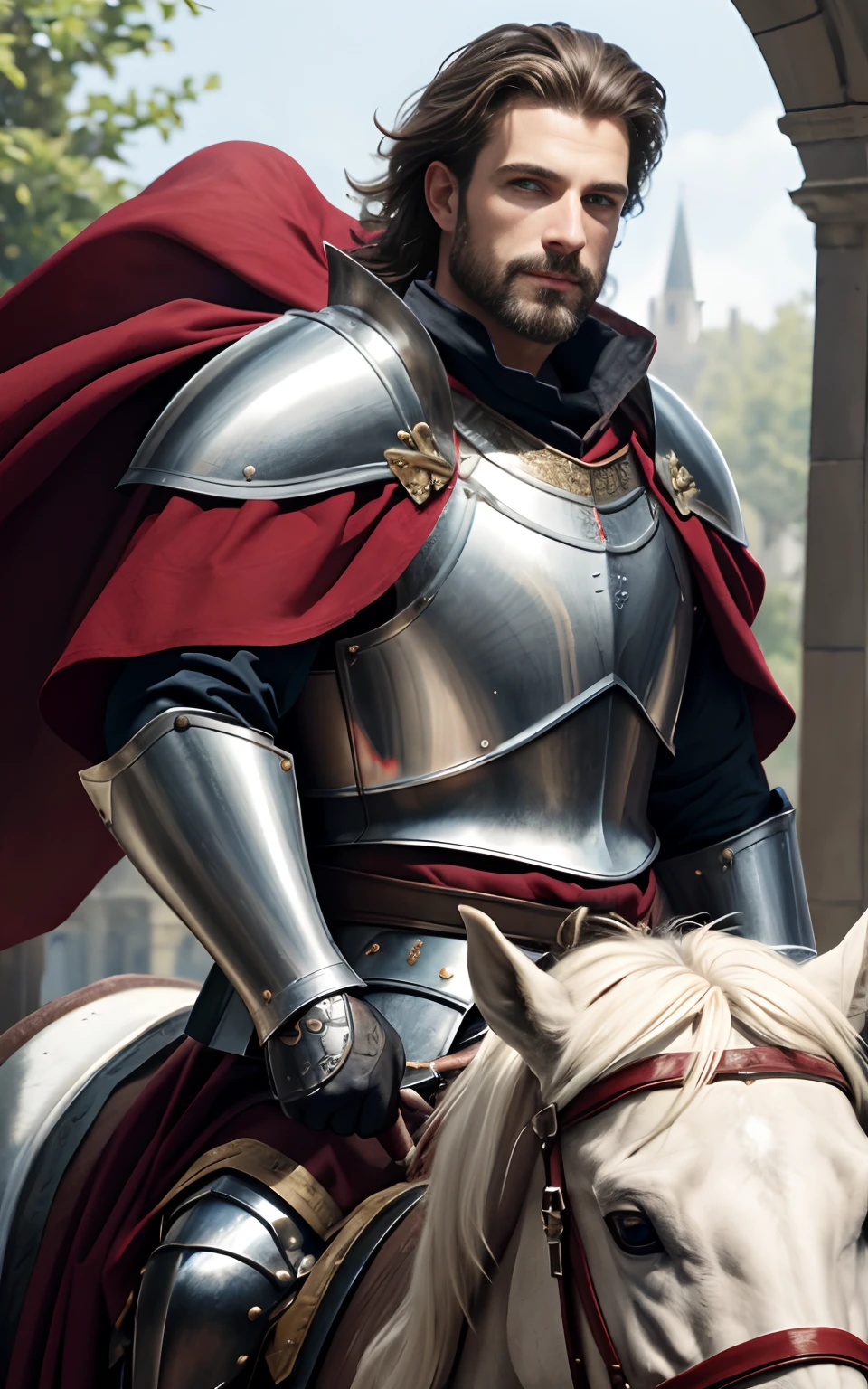 tmasterpiece，best qualtiy，The is very detailed，Original design，Unique accessories，medieval fantasy，professionally retouched，closeup cleavage，（male people：1.9），（Portrait of a noble male knight），Dignified，At noon，Sword and shield，Heavy armor，（sbeard：1.3），mounted on a horse，ssmile，red capelet，cheveux gris courts，musculous，