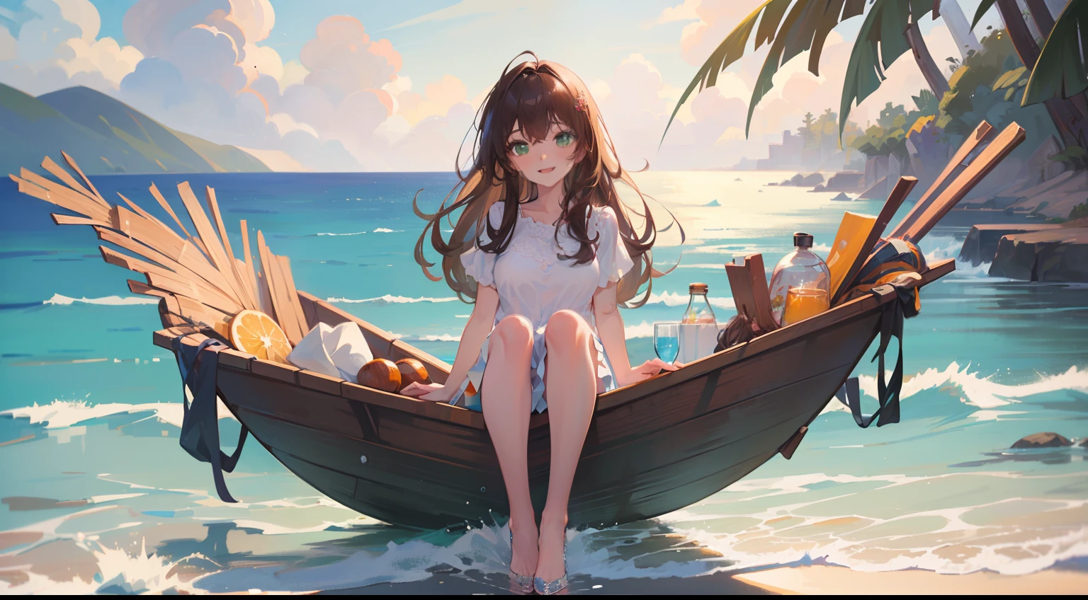 (masterpiece), (best quality), ultra high res, sharp focus, ((1 woman, solo)), full body, dutch shot, beautiful detailed hair, chestnut brown hair, long hair tumbles down, beautiful detailed face, ((beautiful shape eyes, green eyes)), perfect feminine face, in the ocean theme park, smiles at the viewer, facing to the viewer, feminine casual outfit