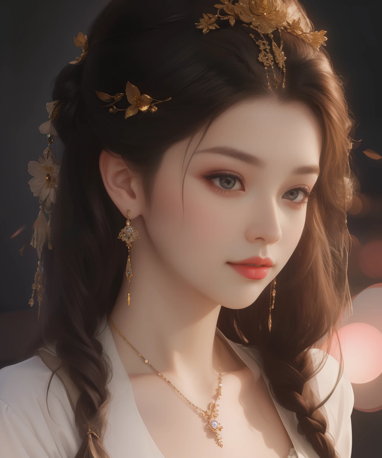 Best Quality, Masterpiece, High Resolution, 1Girl, Porcelain Dress, Fine Hair Accessories, Beautiful Necklace, Fine Jewelry, Beautiful Face, Physical, Tyndall Effect, Realistic, Shadow Studio, Edge Lighting, Two-Color Lighting, (High Detail Skin: 1.2), 8K UHD, DSLR, Soft Light, High Quality, Volumetric Light, Voy Shot, Photo, High Resolution, 4K, 8K, Background Blur,
