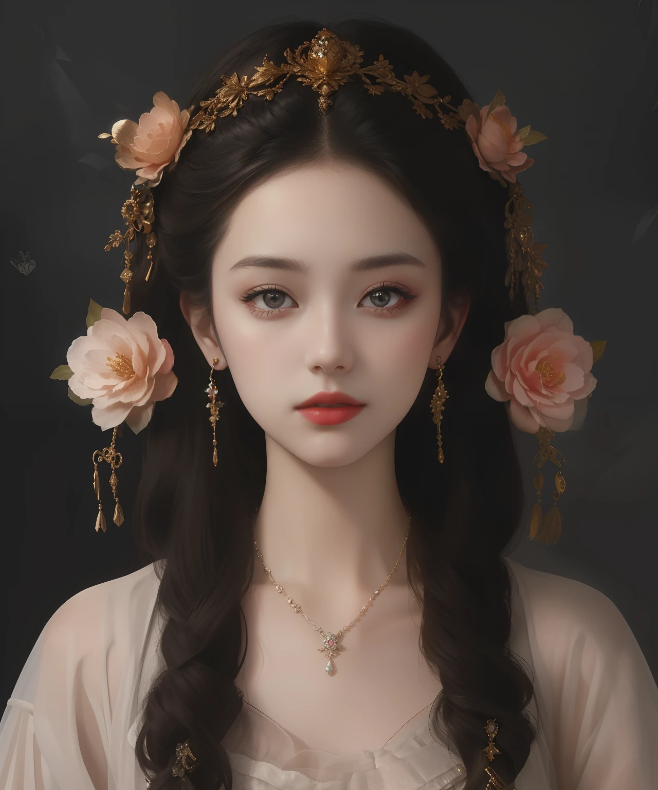 Best Quality, Masterpiece, High Resolution, 1Girl, Porcelain Dress, Fine Hair Accessories, Beautiful Necklace, Fine Jewelry, Beautiful Face, Physical, Tyndall Effect, Realistic, Shadow Studio, Edge Lighting, Two-Color Lighting, (High Detail Skin: 1.2), 8K UHD, DSLR, Soft Light, High Quality, Volumetric Light, Voy Shot, Photo, High Resolution, 4K, 8K, Background Blur,