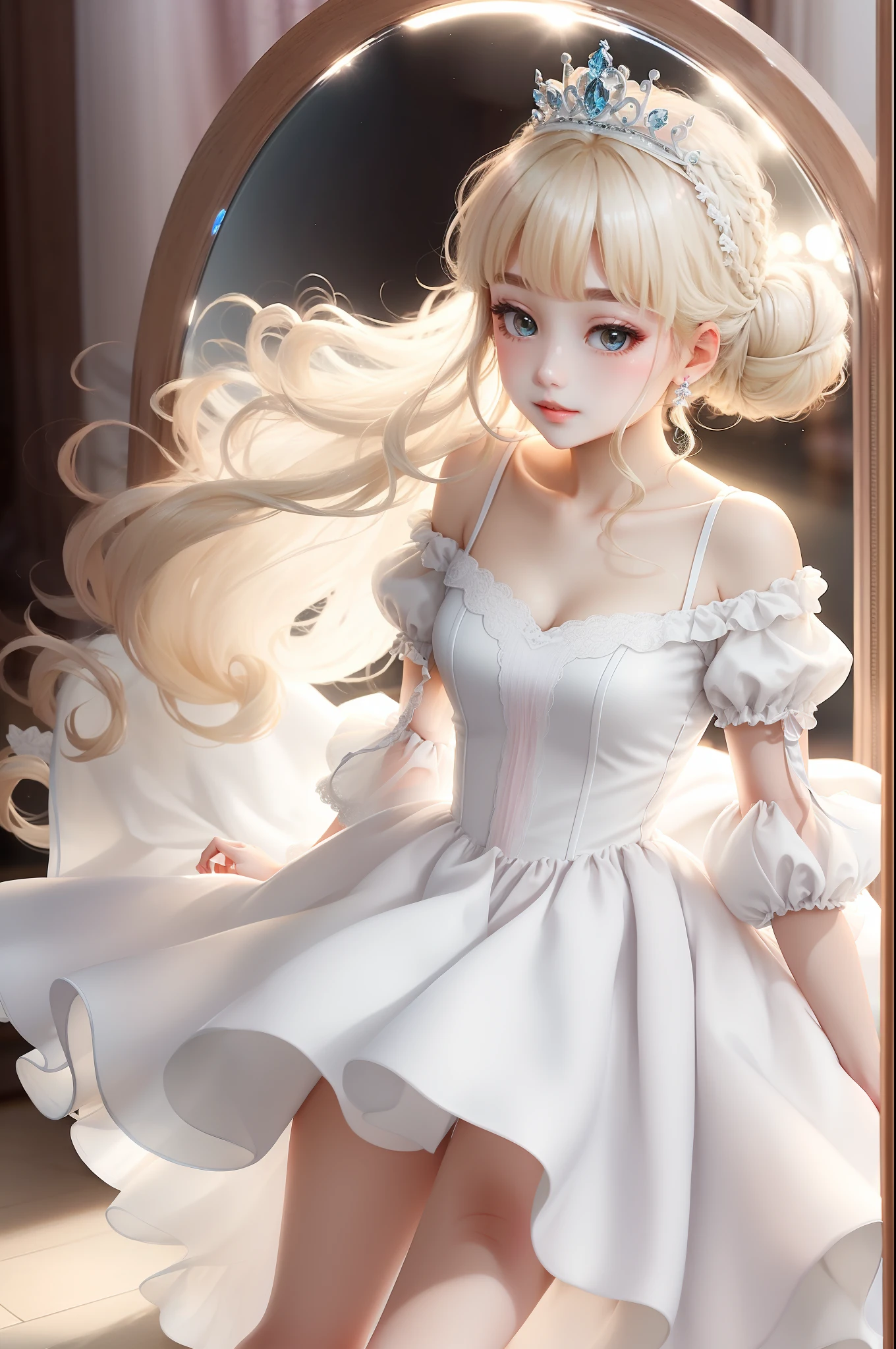Princess　A Princess　Soft　Good style best quality(Highest Quality) , High quality(hiquality)　Soft hair　amarelo　Fluffy dress blonde　Hair tied in two, The whole body is reflected, Very delicate tone and good atmosphere
