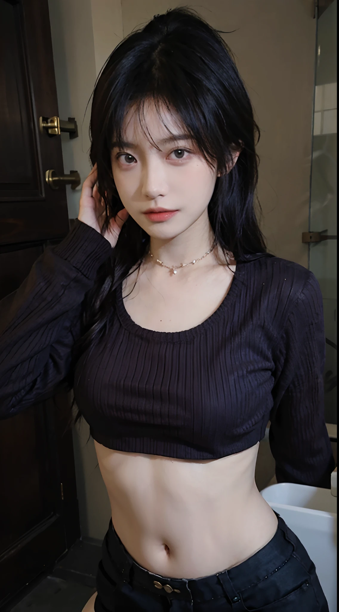 best qualtiy, 超高分辨率, (realisticlying:1.4),Baoyu Girl,1girll, ,Cropped red sweater,a sense of atmosphere,Beautiful woman with a slim figure:1.4, Abs:1.1, Toilets,Ultra-fine face,Elaborate Eyes,二重まぶた,choker necklace