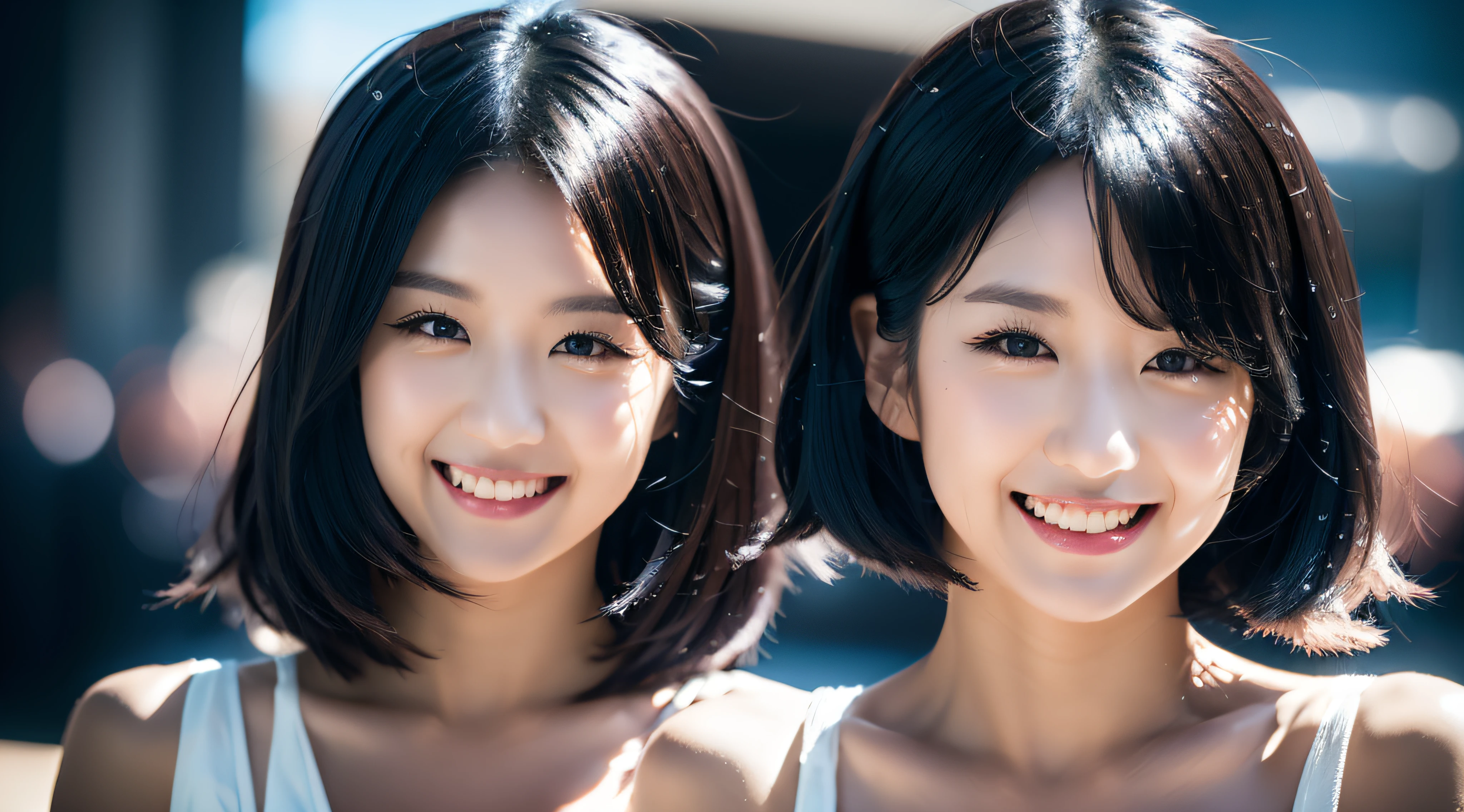 black hair, hair bobbles, wince, longeyelashes, solid circle eyes, fake animal ears, ear blush, fang, light smile, Surrealism, drop shadow, anaglyph, stereogram, tachi-e, pov, atmospheric perspective, 8k, super detail, ccurate, best quality