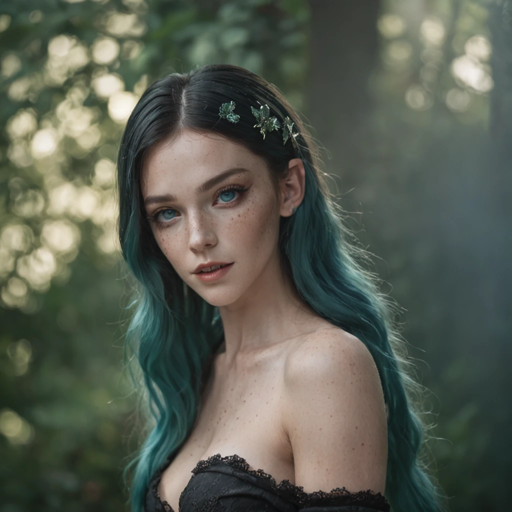 A portrait of an elf girl with freckles and bright blue eyes poses for a full-body photo, bare shoulders, Muscular, suits, ABS set, thongs, (Celebrities from Carmelto) white colored freckles, Long, loose green hair flying, Bright glow, Beautiful pale makeup, color portrait, stunning portrait, Elegant freckles, wearing a black thong,There are glowing power runes on it, black glove, Star brightness, The gold dust spread to his skin and face, (darkly, Ultra Realistic Photo (((sportrait))) refractions ,Dark background of magical night forest, Deep forest, Majestic ruins, starrysky