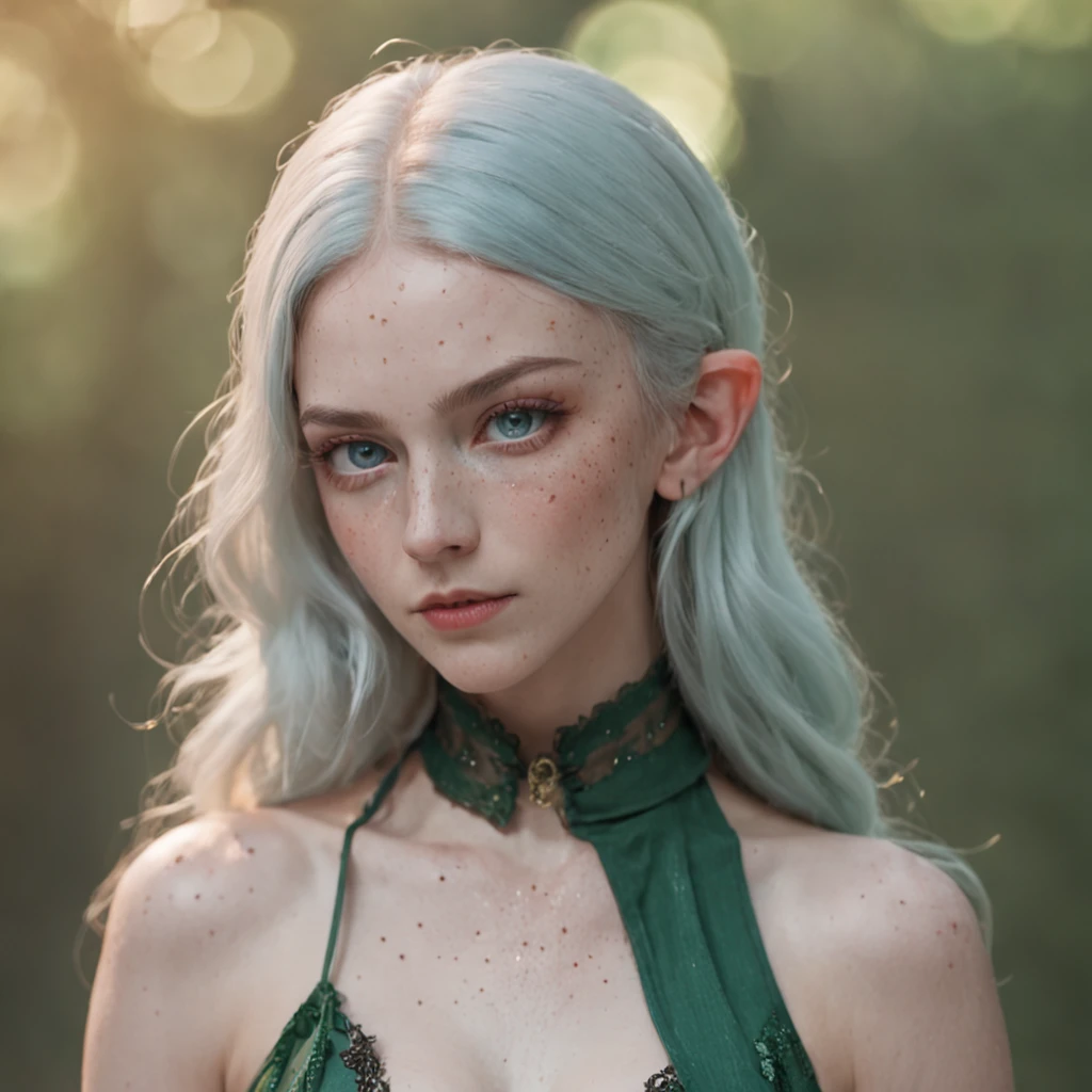 A portrait of an elf girl with freckles and bright blue eyes poses for a full-body photo, bare shoulders​, Muscular, suits, ABS set, thongs, (Celebrities from Carmelto) white colored freckles, Long, loose green hair flying, Bright glow, Beautiful pale makeup, color portrait, stunning portrait, Elegant freckles, wearing a black thong，There are glowing power runes on it, black glove, Star brightness, The gold dust spread to his skin and face, (darkly, Ultra Realistic Photo (((sportrait))) refractions ,Dark background of magical night forest, Deep forest, Majestic ruins, starrysky