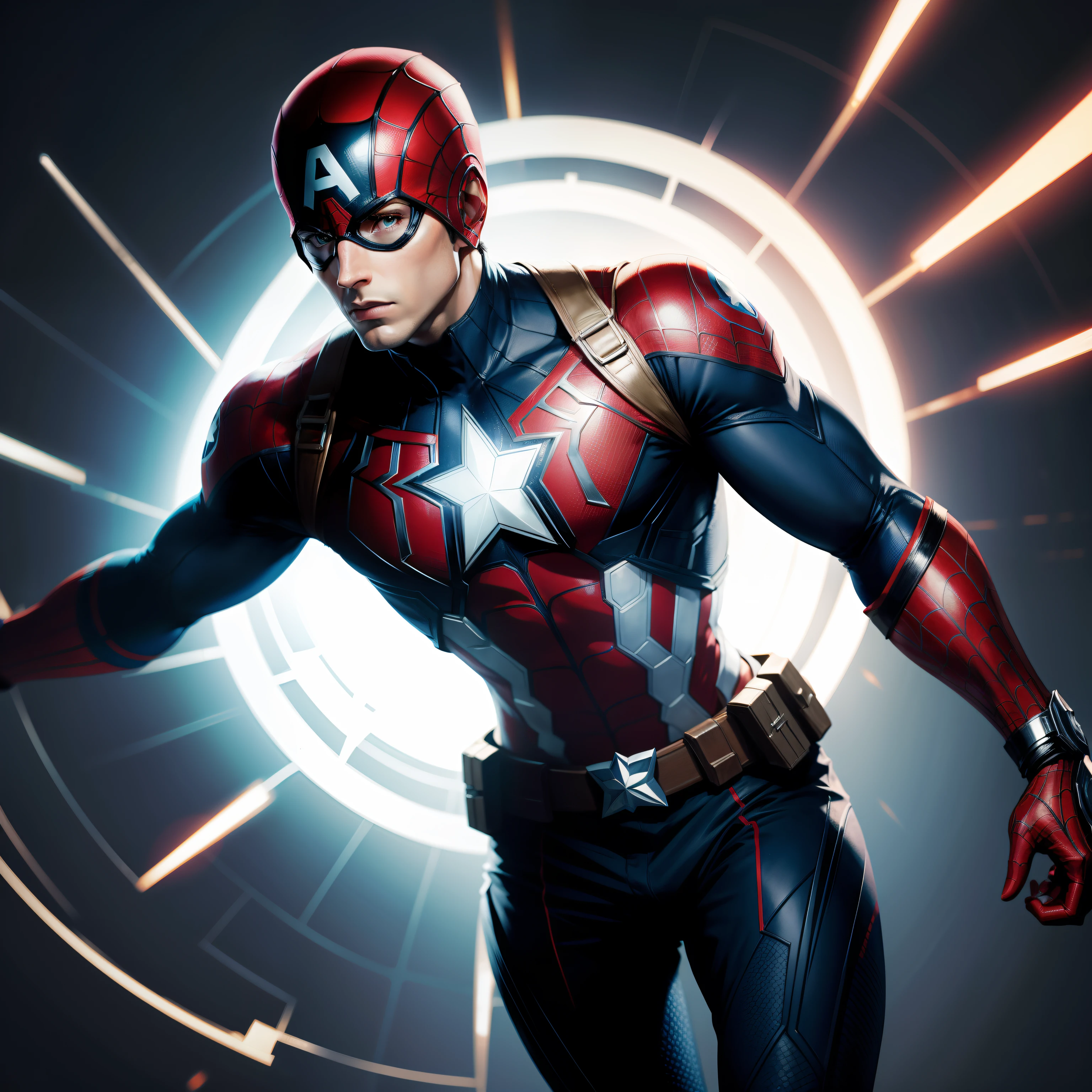 Captain America joint Spider man futuristic look, lights background cool pose
