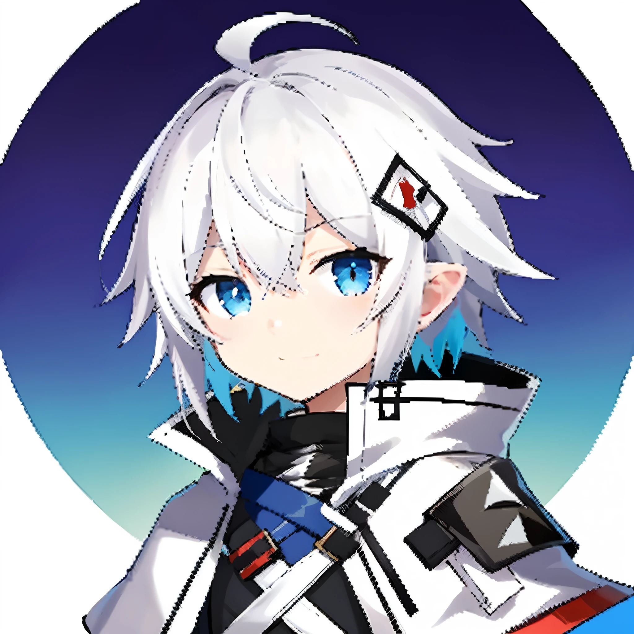 An anime character with white hair，Blue eyes，without nose，With a smile on his face，looking at me，