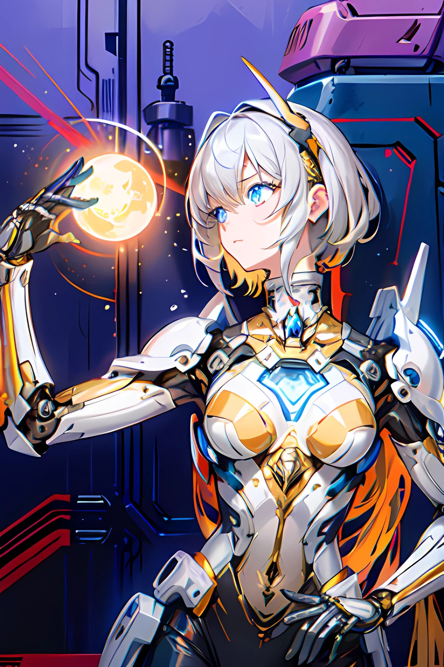 Masterpiece, solo,1girl, blue eyes, glow eyes, cold stares, mecha musume, mechanical parts, robot joints, turtleneck, detailed background, Gundam hangar, depth of field, blonde, short hair, Korean idol, aespa Winter, yellow jumpsuits, black spandex, wind blows, detailed skins, detailed clothes, detailed armor, tight suits, glowing suits, dramatic lighting, holding a gun,