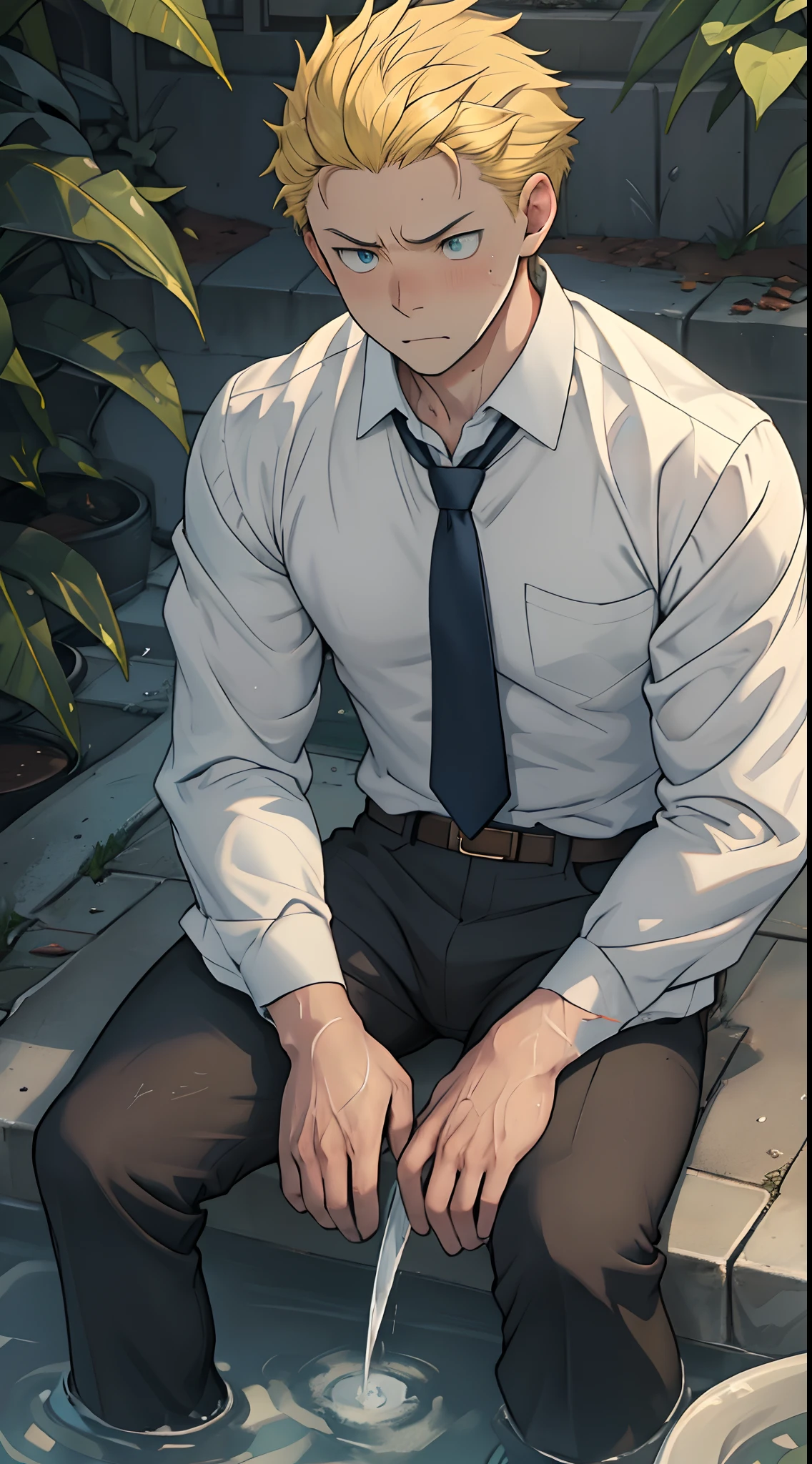 (1 Adult male),A high resolution, Sharp focus, Pixiv masterpiece, ((Complicated details)), highly detailed, natsuki_subaru, 1 man,Lying in the mud, Lazy,full bodyesbian, blue color eyes(eyes glowing), Short yellow hair,white shirt,Wear a tie,Wear a belt,perspire,rain,Drenched,Sweaty crotch,look from down
