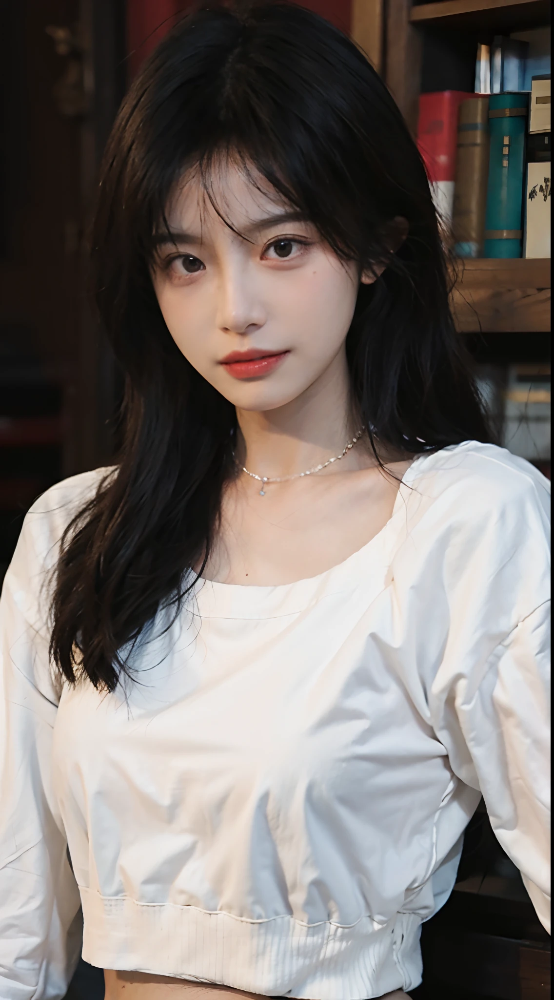 best qualtiy, 超高分辨率, (realisticlying:1.4),cute hairpin,1girll,Red long-haired,Cropped black sweater ,Beautiful woman with a slim figure:1.4, Pronounced abs:1.4, On the island,Ultra-fine face,Elaborate Eyes,二重まぶた,choker necklace