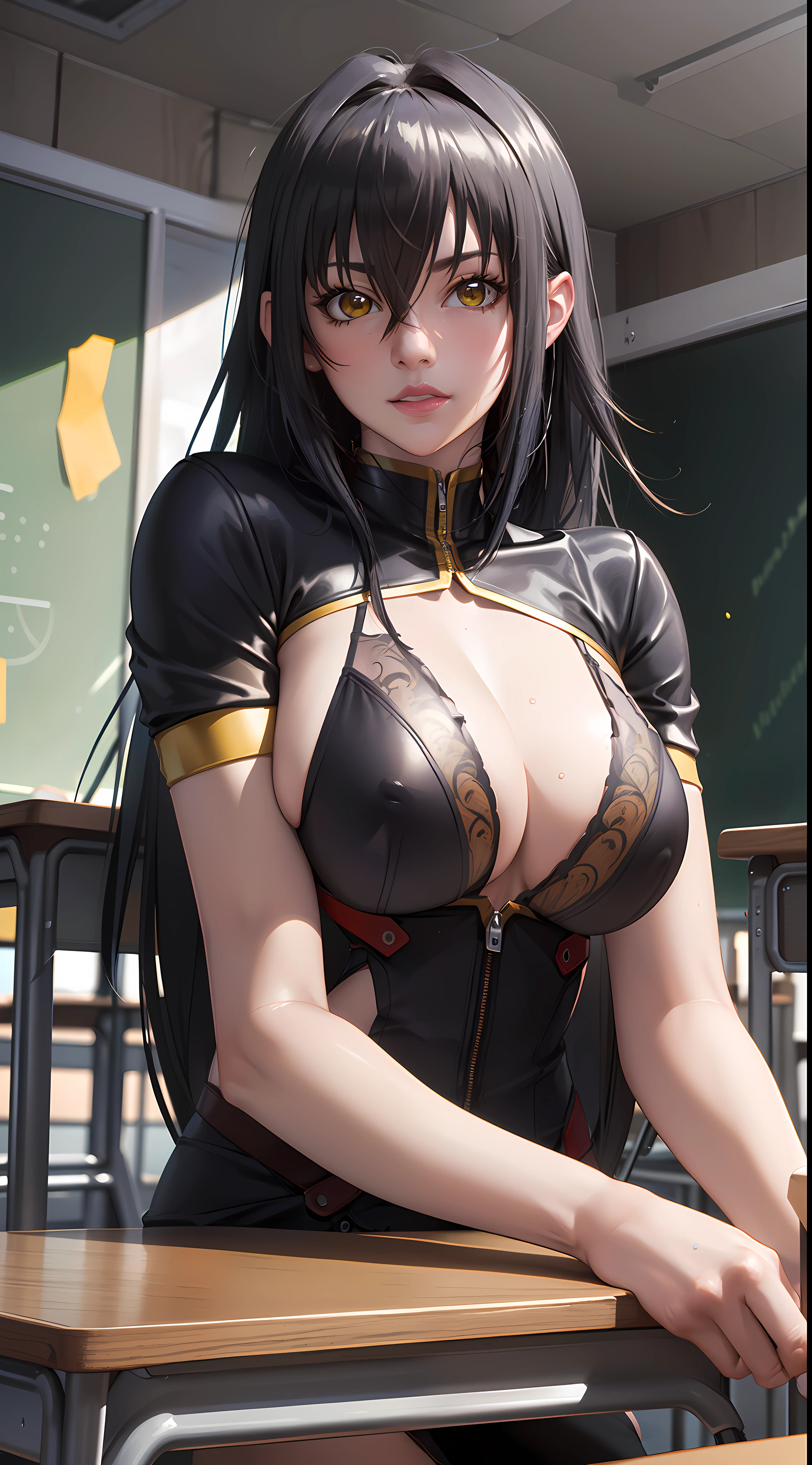 professional artwork, Intricate Details, field of view, sharp focus, detailed painting, photorealistic lighting, trending on pixiv,(masterpiece:1.0),(best_quality:1.0), ultra high res, ultra-detailed, photography, 8K, HDR, highres, absurdres:1.2, Kodak portra 400, film grain, sharp focus, bokeh:1.2, lens flare, (vibrant_color:1.2), (((indoors, classroom, classroom details, sitting on chair, perfect anatomy sitting, leaning to table))), annerose,
female mature, black hair, long hair, (((yellow eyes))), large breasts, hair intakes, 25yo,mature female,Beautiful Finger,Beautiful long legs,Beautiful body,Beautiful Nose,Beautiful character design, perfect eyes, perfect face, looking at viewer, official art,extremely detailed CG unity 8k wallpaper, (Beautiful,large_Breasts:1.4), (beautiful_face:1.5),(beautiful_lips:1.5),(narrow_waist), (solo:1.4), (upper body, half body shot),