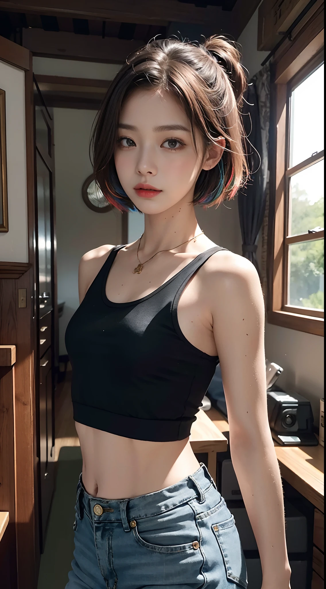 ((middlebreast,Tomboyish,small heads)), (Well-defined abs: 1.1), (perfect bodies: 1.1), (Short wave hair: 1.2), Russet hair, collars, chain, Full body photo, crowding street, wearing a black tank top，校服，（（shorter pants）），（极其细致的CG 8k壁纸），（Extremely refined and beautiful），（tmasterpiece），（best qualtiy：1.0），（超A high resolution：1.0），beautiful light up，Perfect lightning，realistic shaded，[A high resolution]，Delicate skin，ultra - detailed (((Colorful)))