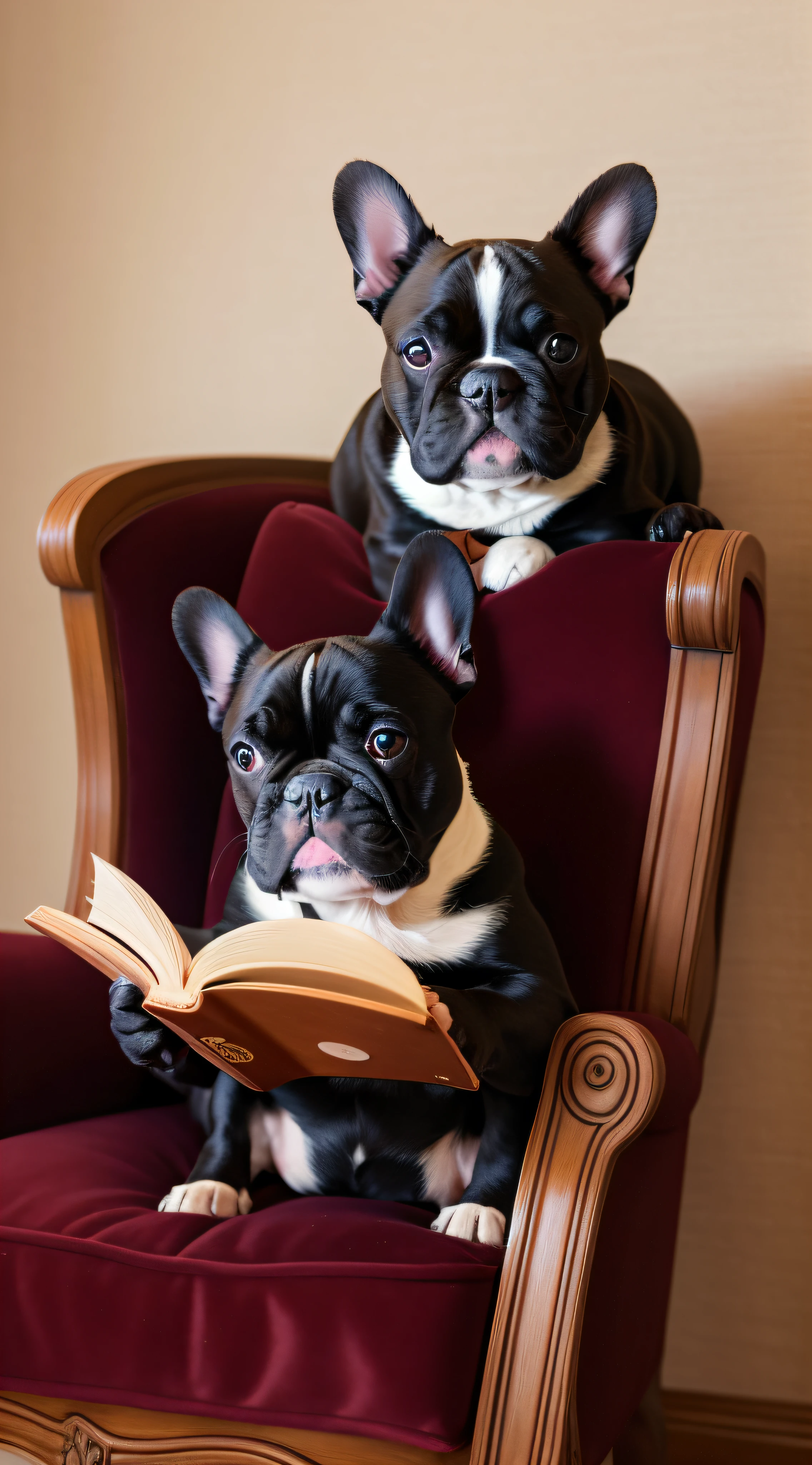 French bulldog in an armchair reading a book