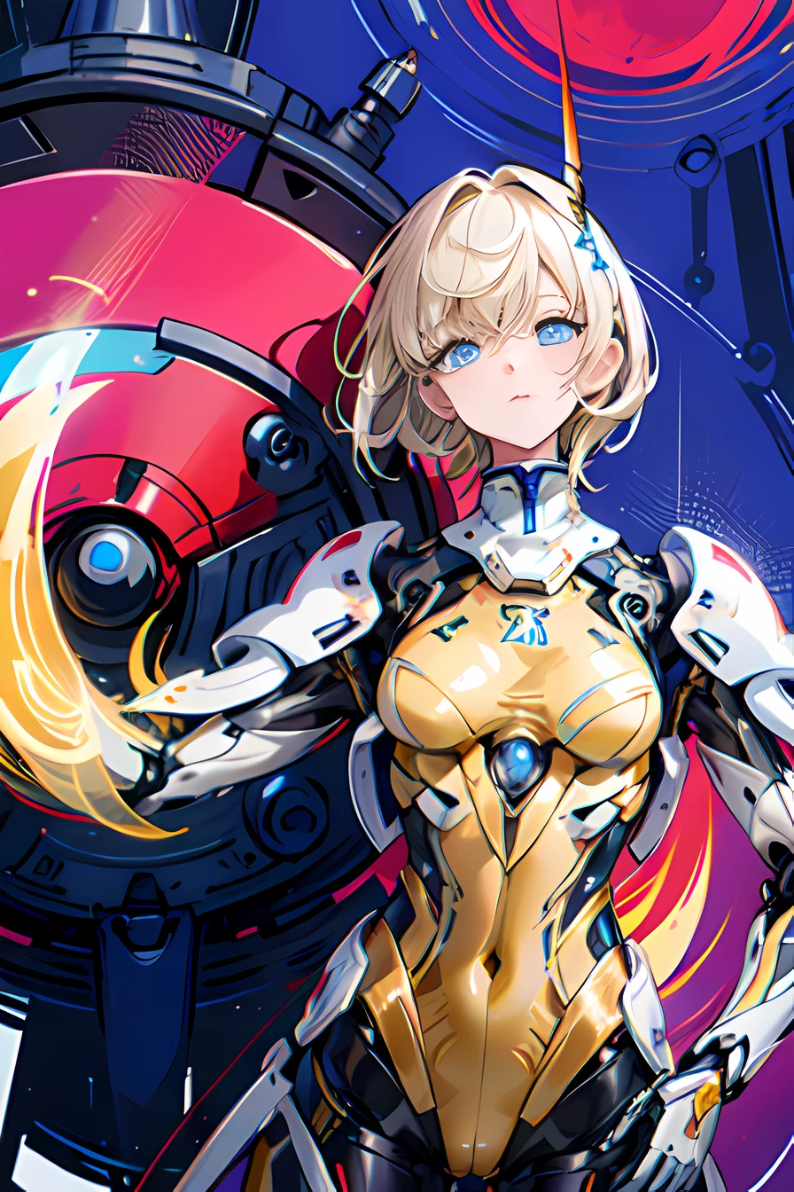 Masterpiece, solo,1girl, blue eyes, glow eyes, cold stares, mecha musume, mechanical parts, robot joints, turtleneck, detailed background, Gundam hangar, depth of field, blonde, short hair, Korean idol, aespa Winter, yellow jumpsuits, black spandex, wind blows, detailed skins, detailed clothes, detailed armor, tight suits, glowing suits, dramatic lighting, holding a gun,