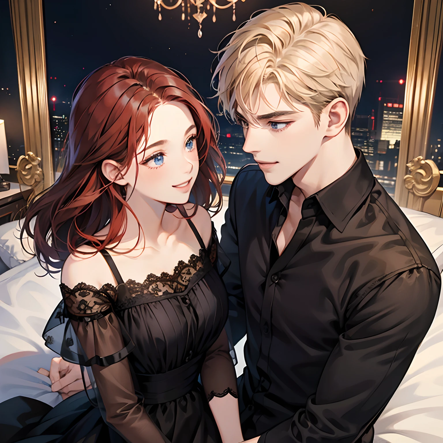 Couple, 1 girl 1 boy, different hair color, long red dark hair and brown eyes, short blonde hair and blue eyes, romance, black shirt, white dress, luxury room background, face to face, romantic, smile, happy