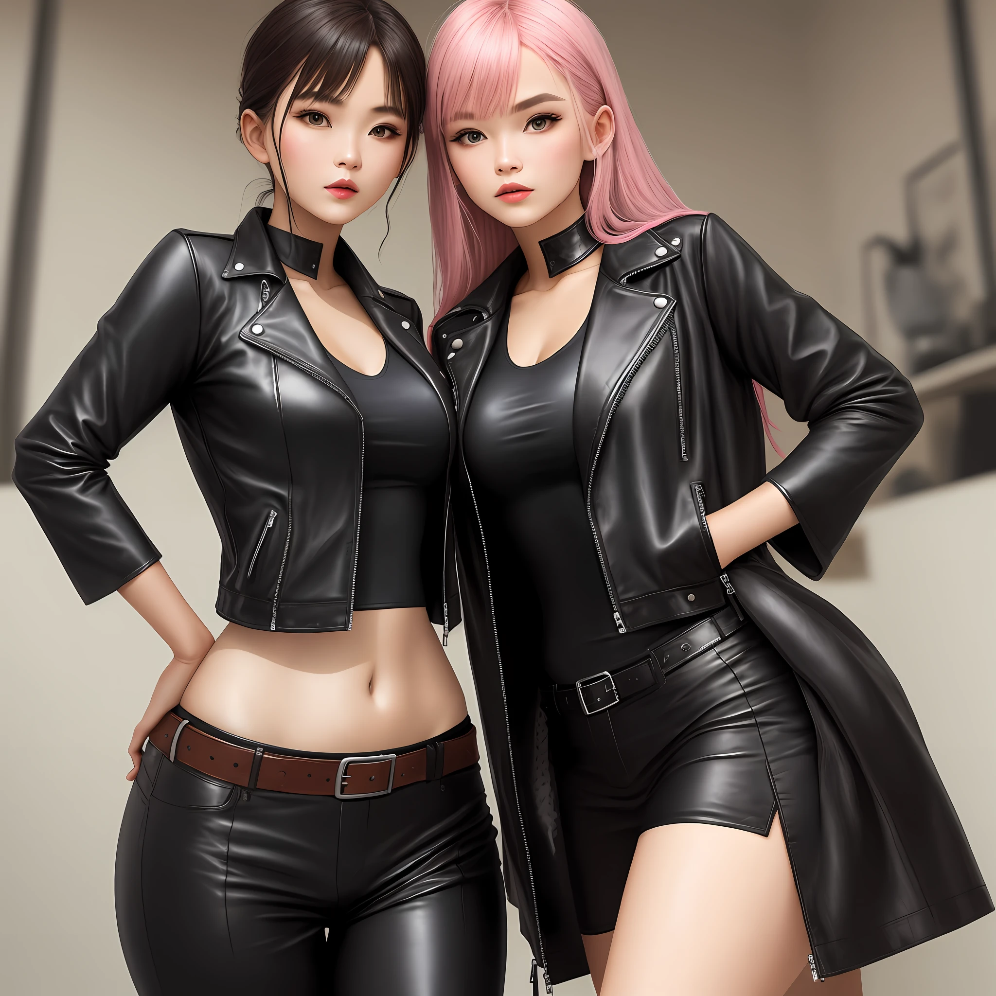 Best Quality, in 8K, 32K, ​master piece ,ultra-detailliert,Twin-tailed , Hair color is brown hair,straight haired , 20yr old ,Two cute women lined up,Full body, Over-the-knee boots,micromini skirt,Black leather,high-heels,Tokyo at night ,Staring in embarrassment,pink panty,leather jackets,low angles