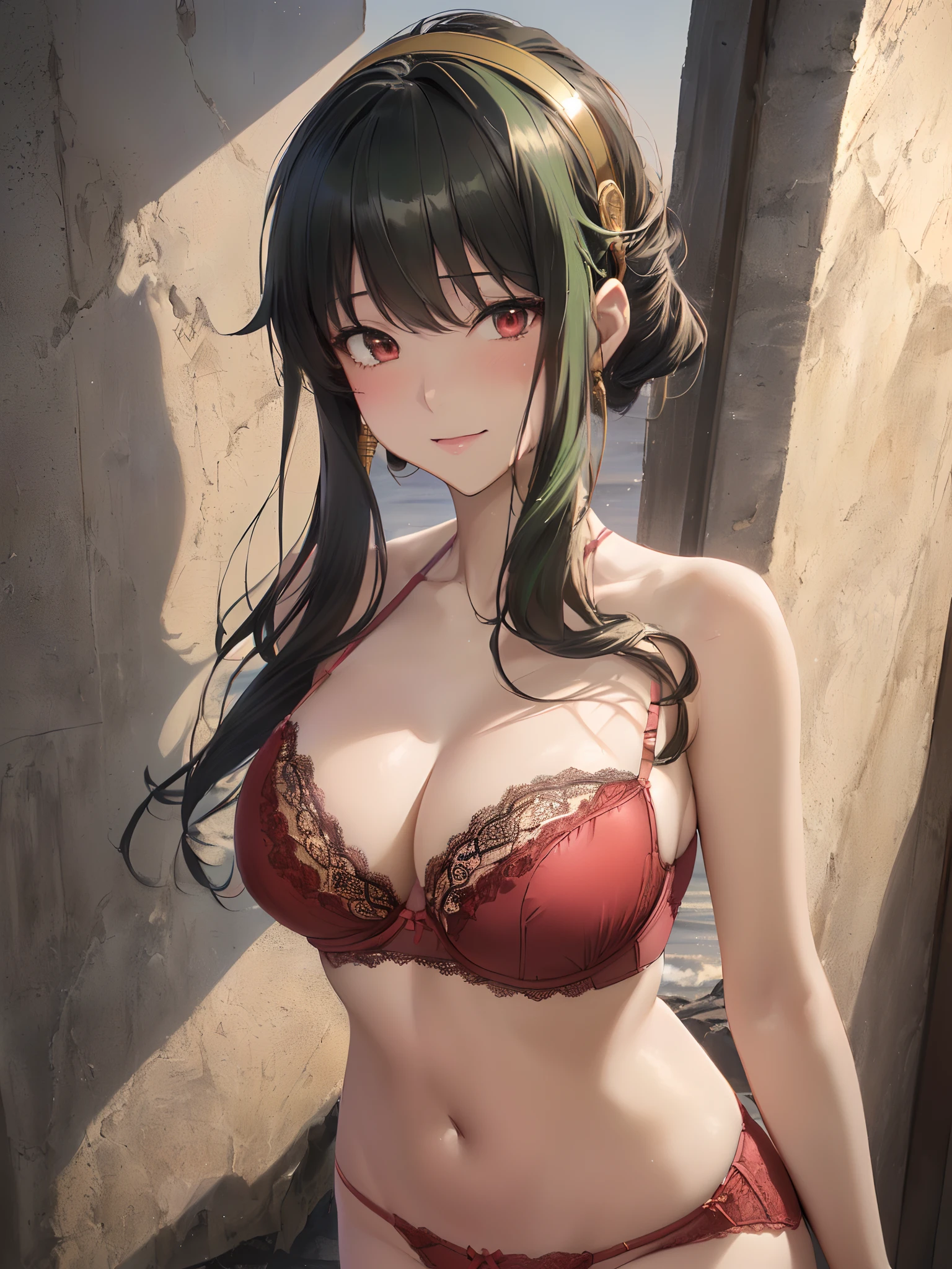 (masutepiece,the Extremely Detailed CG Unity 8K Wallpapers:1.5),(Large_breasts,beutiful breast,Farbe_aberration,beautiful detailed shadow,Beautiful eyes,Beautiful body,Beautiful skin,beautifull hands:1.5),(cowboys_shot:1.4),(Realistic, hyper realisitic:1.5),(Curve,Model,glamor,Seductive smile:1.5),(Shiny hair,green colored hair,red eyes:1.5),(Exquisite cloth,Ren Hao,Lace-trimmed bra,Lace-trimmed legwear:1.4),delicate patterns,intricate detailes,red blush,shinny skin,Strapless,鎖骨,Anime girl in golden headband and red dress, Seductive Anime Girl, [ 4 k digital art ]!!, beautiful alluring anime woman, painted in anime painter studio, Smooth Anime CG Art, made with anime painter studio, realistic anime 3 d style, Spy × Family Georgeger, (Portrait of Yor Forger:1.5),Chic
