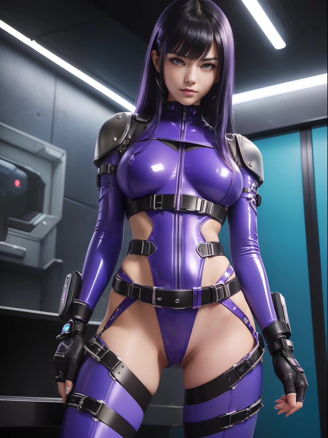 18year old, ((top-quality)), ((masterpiece)), (high-detail:1.3), Beautiful fece (cyberpunked:1.3), ((Stylish woman in blue-violet bondage rubber suit)), Silver zipper, large full breasts, Slim waist, big butts, (japanese beauty girl), ((Belt under the waist)), superfine illustration, A dark-haired, With bangs, shiny, (ssmile),