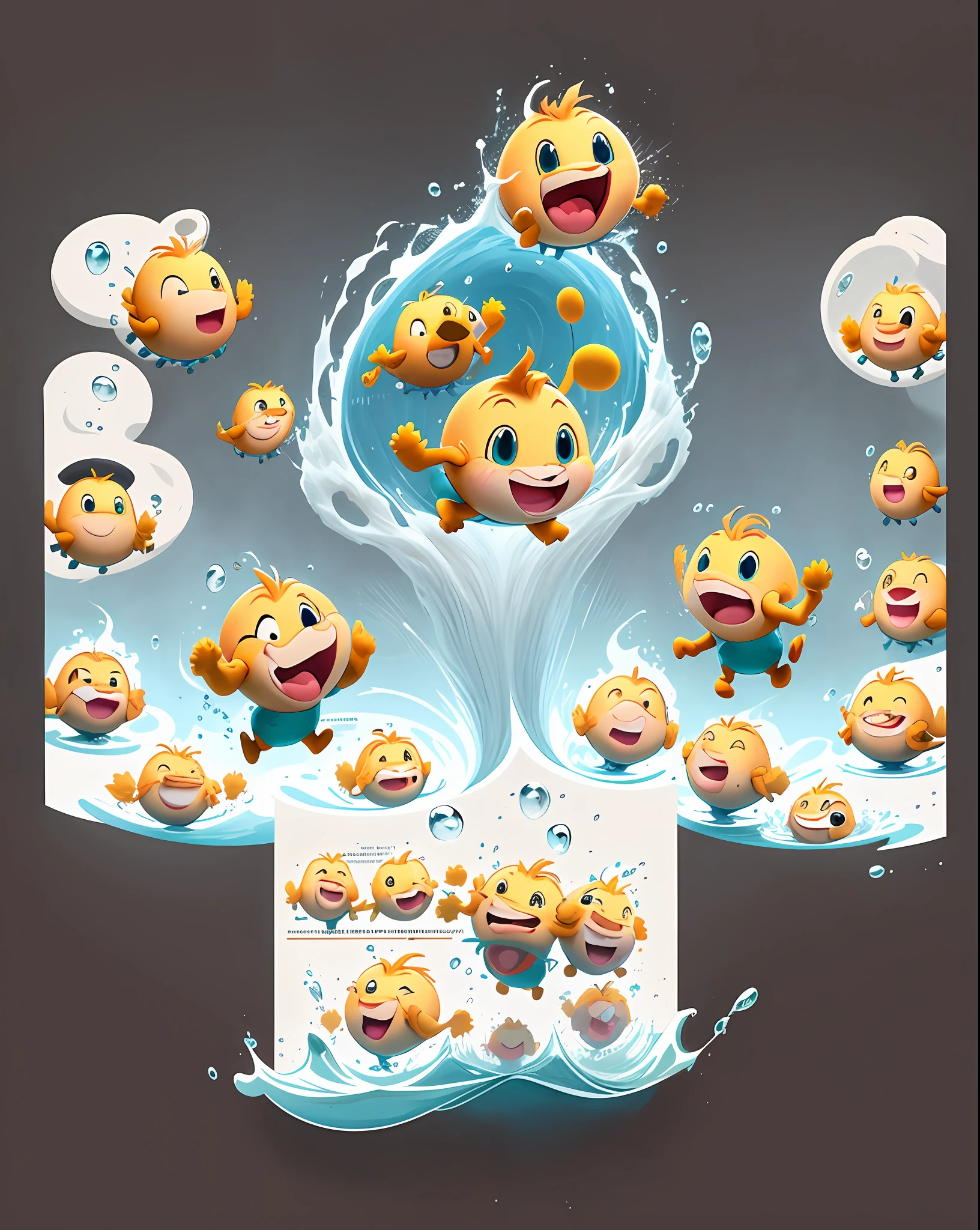 /imagine prompt:emoji sheet of water drop,multiple expressions,multipleposes,running,jumping,walking,cheering,standing,sitting,lying,anthropomorphic styles,vectorillustration,disney style --q .5 --niji 5