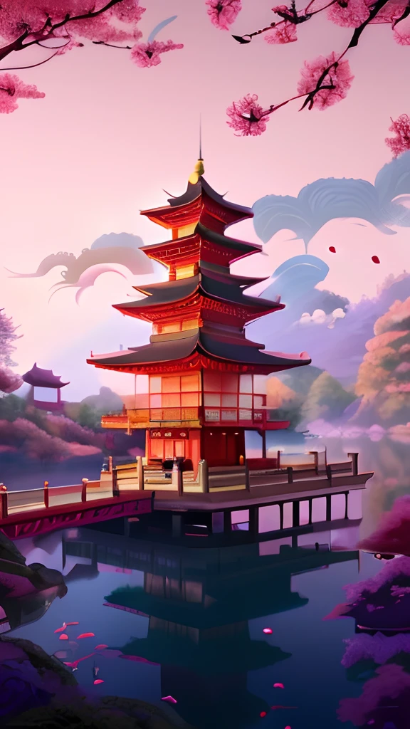 Scenery of the pagoda and the bridge in the lake in the anime, background artwork, Rosla global lighting, Onmyoji detailed art, digital painting of a pagoda, arte de fundo, colorful anime movie background, Stylized concept art, dreamy Chinese towns, G Liulian art style, Anime background art, inspired by Gong Xian, Chinese fantasy, 8K high quality detailed art