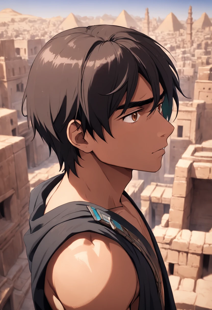 A hyper-realistic, 16-year-old boy with cinnamon-brown skin, Athletic Body Tones Straight Hair,Serious male pensive observer tienviste black shirt clung to body, Ancient city of Egypt in the background