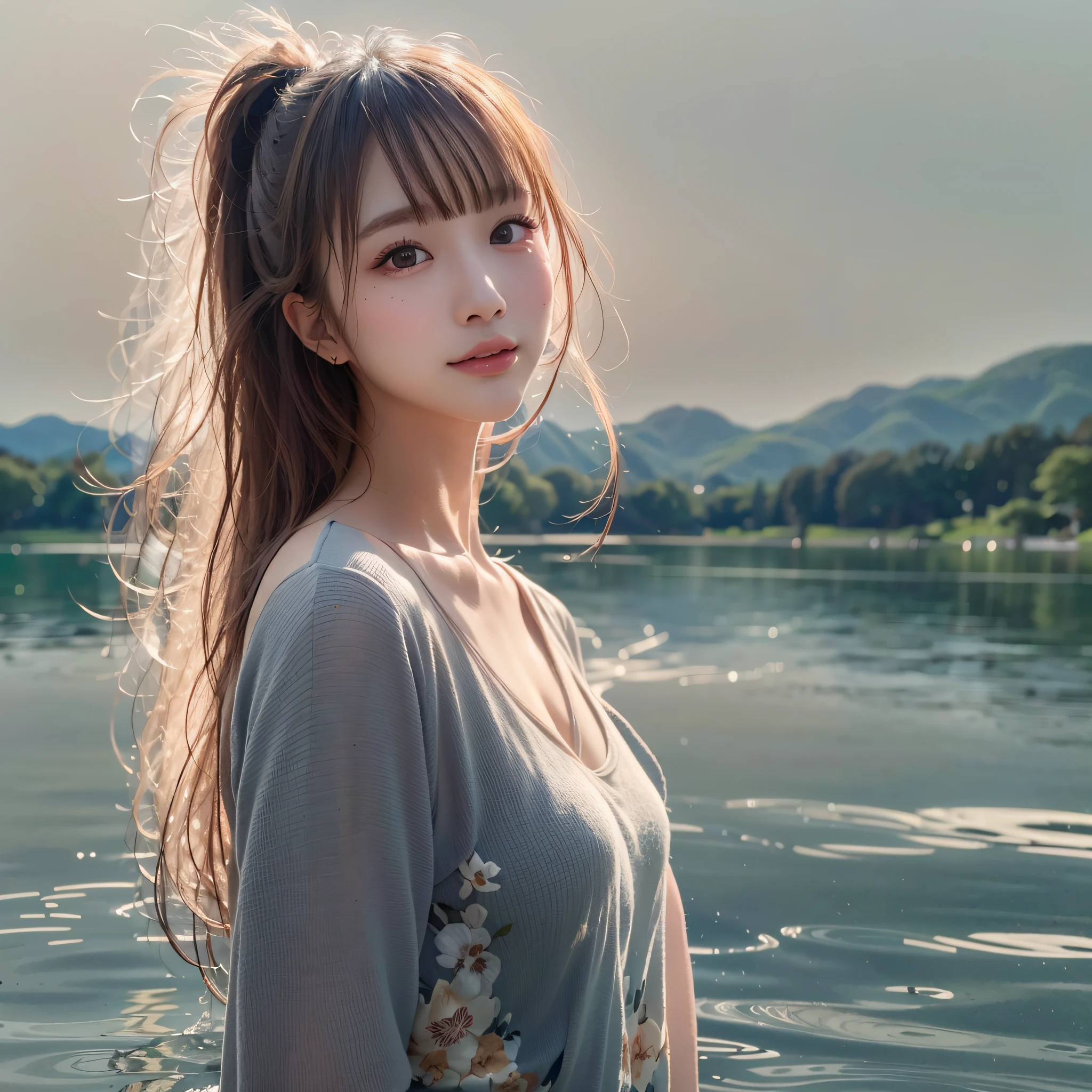 photos realistic, Standing on the surface of the lake, A beautiful lake as far as the eye can see, Water depth up to the ankle, The reflection of the lake surface reflects the scenery, One lady, 18year old, Beauty, cute, wearing a swimming wear, Bun hair,  (top-quality, very detailed illustration), (1woman:1.3, solo), (asian girl, ultra delicate face, ultra Beautiful fece, ultra delicate eyes, ultra detailed nose, ultra detailed mouth, ultra detailed facial features), (medium breast:1.3), from the front side, slender body:0.8, lipgloss, (smiling:0.8)
