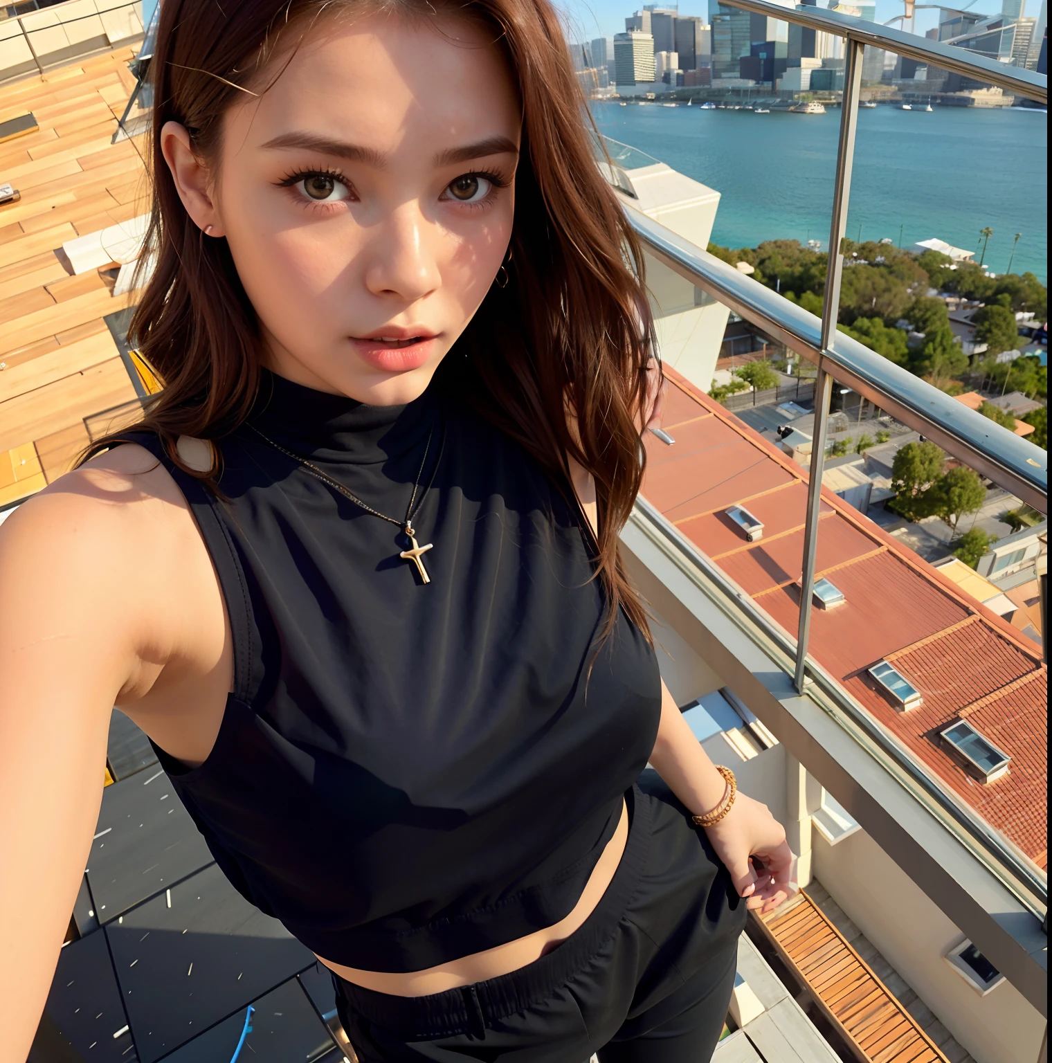 arafed woman in a black top and black pants standing on a balcony, she is wearing a black tank top, portrait sophie mudd, anna nikonova aka newmilky, style of julia razumova, sydney sweeney, instagram model, 18 years old, dasha taran, gorgeous lady, on a rooftop, black top, in a rooftop