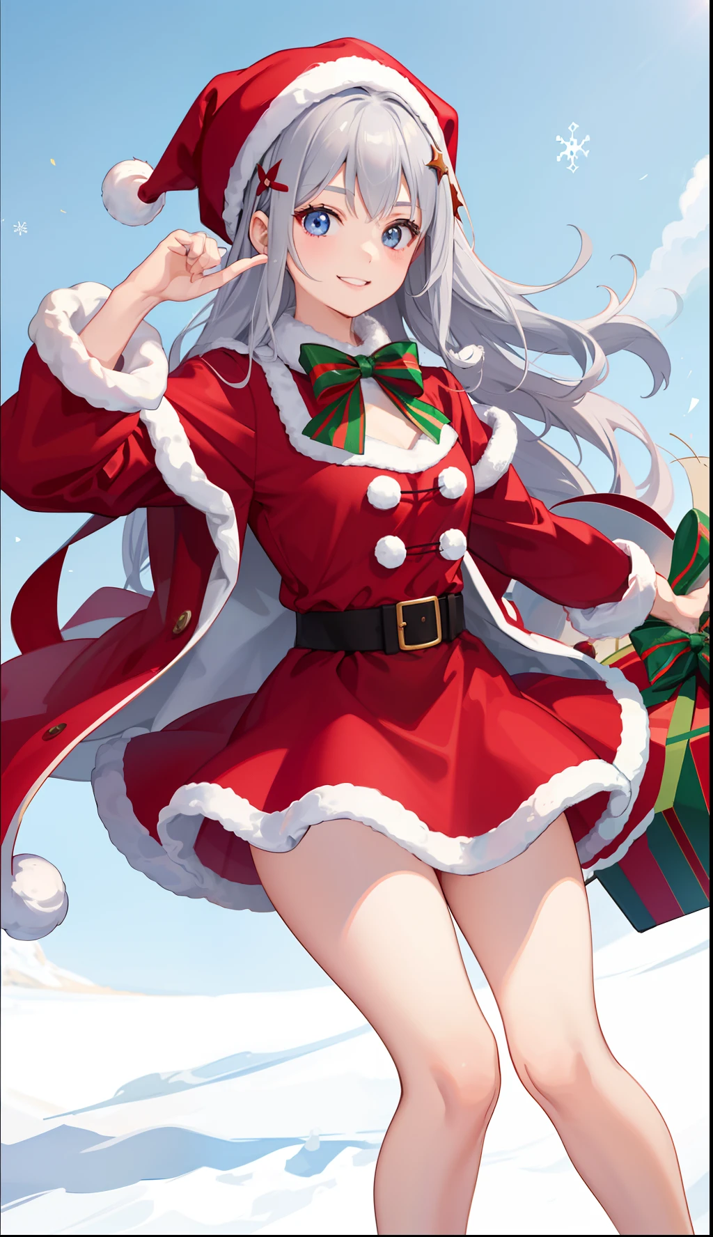 1girl in、A smile、Christmas、Dressed in Santa Claus costume、