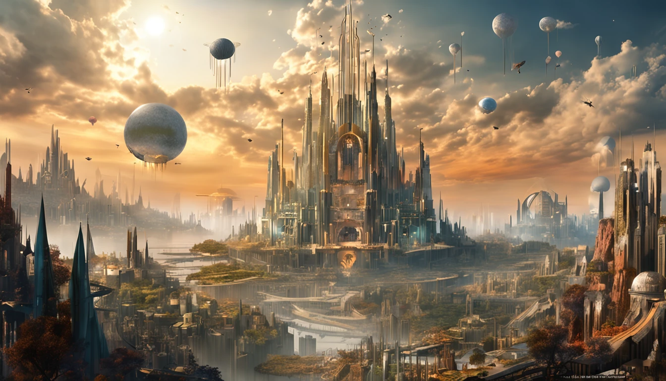 pintura de uma cidade com um castelo cercado por anjos voando ao redor, Cidade Empiriana, reino divino dos deuses, utopian city, gold gates of heaven!!!!!!!!, esoteric equation heaven, heaven on earth, breathtaking art, breath-taking, floating city in the sky, futuristic utopian metropolis, Cidade Apocalyptik, Cidade nas Nuvens, Pintura fosca elaborada