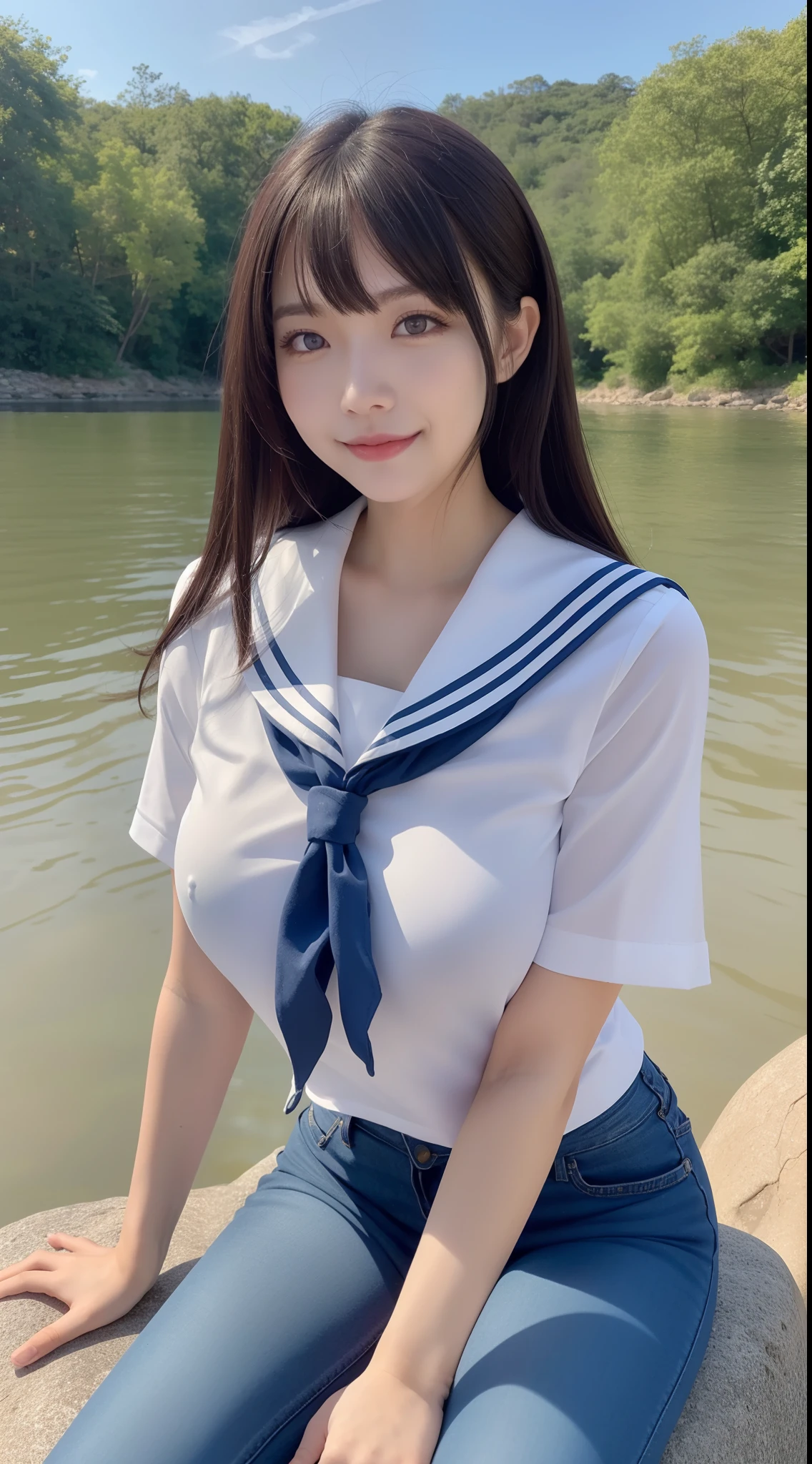 a pregirl，Large breasts, ssmile, looking at viewert, sailor uniformm,skintight jeans, photore, realisticlying, Best quality at best, employee, 详细的脸, Sit on a large rock in the middle of the river, diffuselighting, depth of fields, Background bokeh