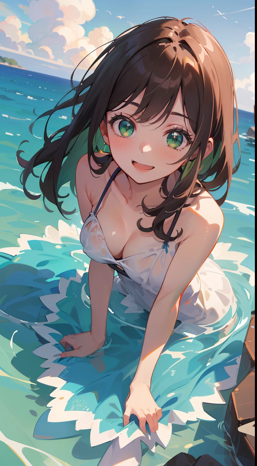 (masterpiece), (best quality), ultra high res, sharp focus, ((1 woman, solo)), full body, dutch shot, beautiful detailed hair, chestnut brown hair, long hair tumbles down, beautiful detailed face, ((beautiful shape eyes, green eyes)), perfect feminine face, in the ocean theme park, smiles at the viewer, facing to the viewer, feminine casual outfit