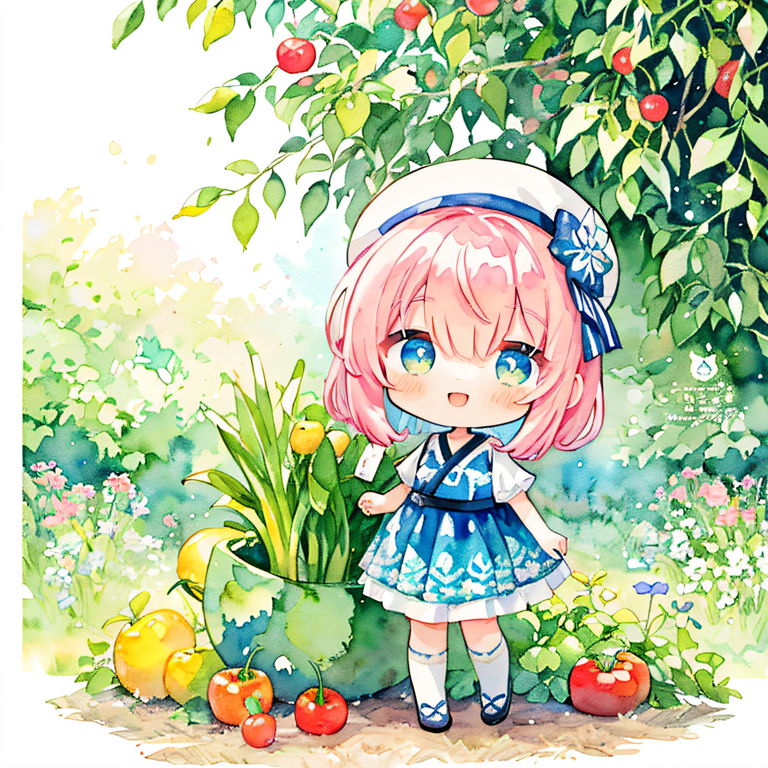 (PastelColors:1.3)、(Cute illustration:1.3)、(watercolor paiting:1.1)、,(Chibi:1.1)
Detailed background、1girl in、Open your mouth and smile、Beautifully detailed、Moya、colourfull、marble、Particles of light、patterns、
Detailed drawing、Vibrant colors、striking contrast、intricate detailes、Delicate depiction、Luminescent、full body Esbian、From the side、Beautiful facial features、Brightly colored eyes、Wearing intricate and delicate ornaments、glowing aura、Radiant hair,Illuminated by the morning light、 Very delicate and beautiful,sharp and strong shiny eyes, Magenta eye color,  Smiling, Dress, knee sox, Lace, hat woven from straw,、Farmland、 Standing, Plenty of summer vegetables, （Harvesting summer vegetables）